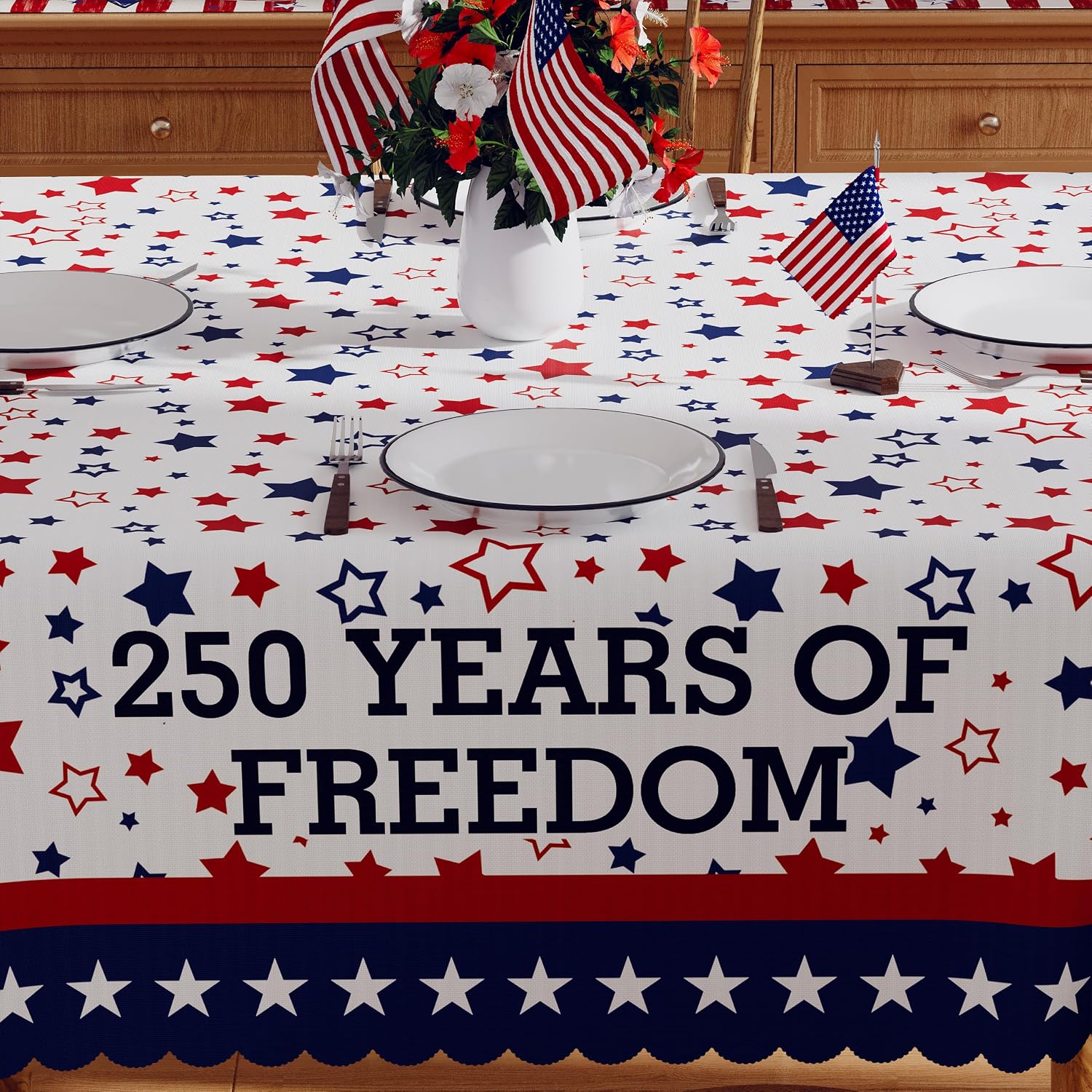 4th of July Tablecloth Square 60x60 Inch, 250 Anniversary USA Merchandise Patriotic Decorations Washable America Memorial Day 250 Years Freedom Table Cloth Waterproof Scalloped Edge Table Cover image 2