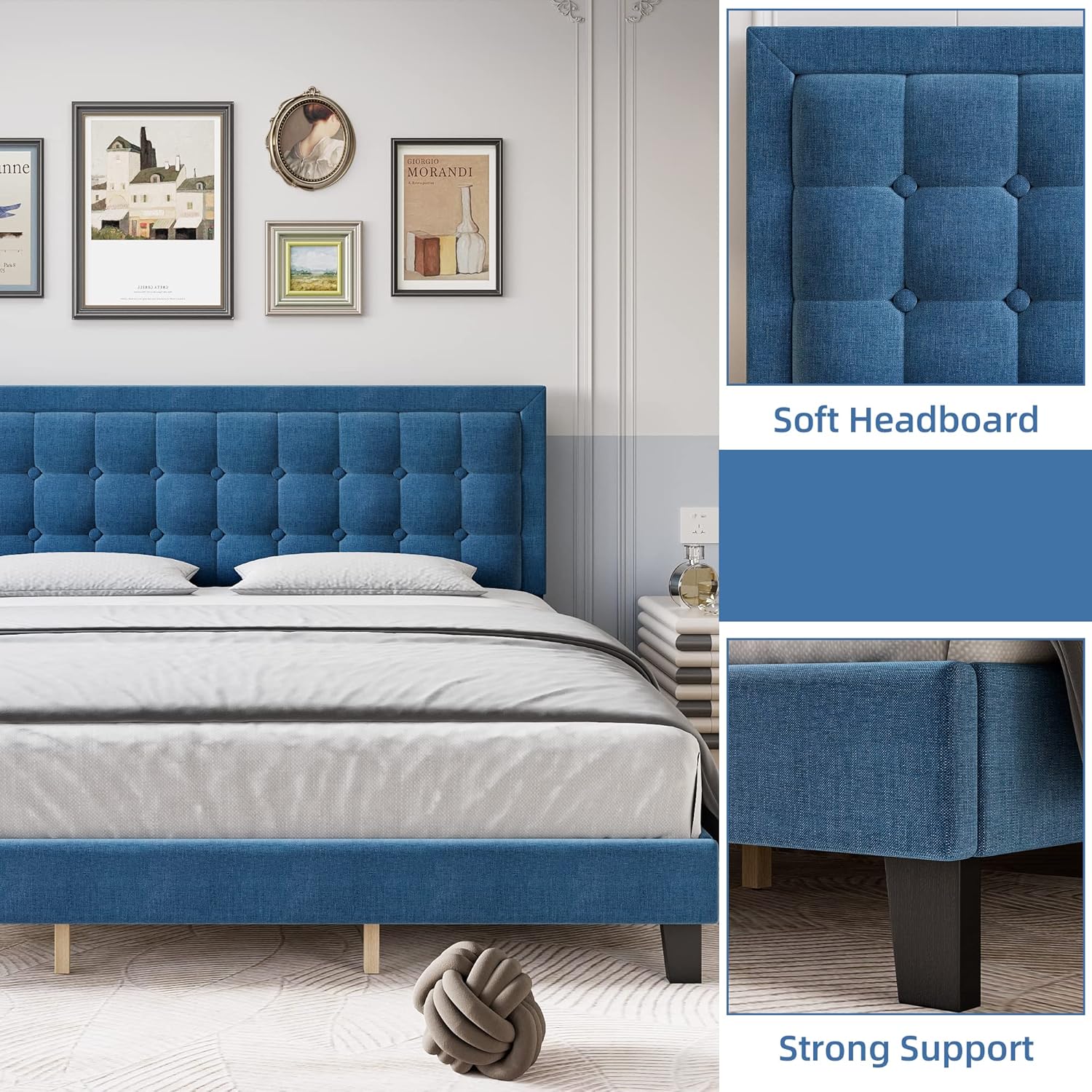 GarveeHome Full Size Bed Frame with Button Tufted Headboard, Upholstered Low Platform Bed Frame, Wooden Slat Support, Noise Free, No Box Spring Needed, Easy Assembly, Blue