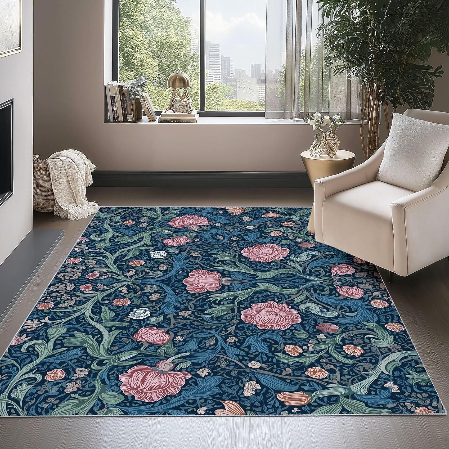 Modern Washable Area Rug Dark Blue, 4 X 6 ft Non-Slip Backing Low Pile Area Rugs for Living Room Dining Room Bedroom, William Morris Symmetry Plant Theme Shed Resistant Pet Friendly Indoor Carpet