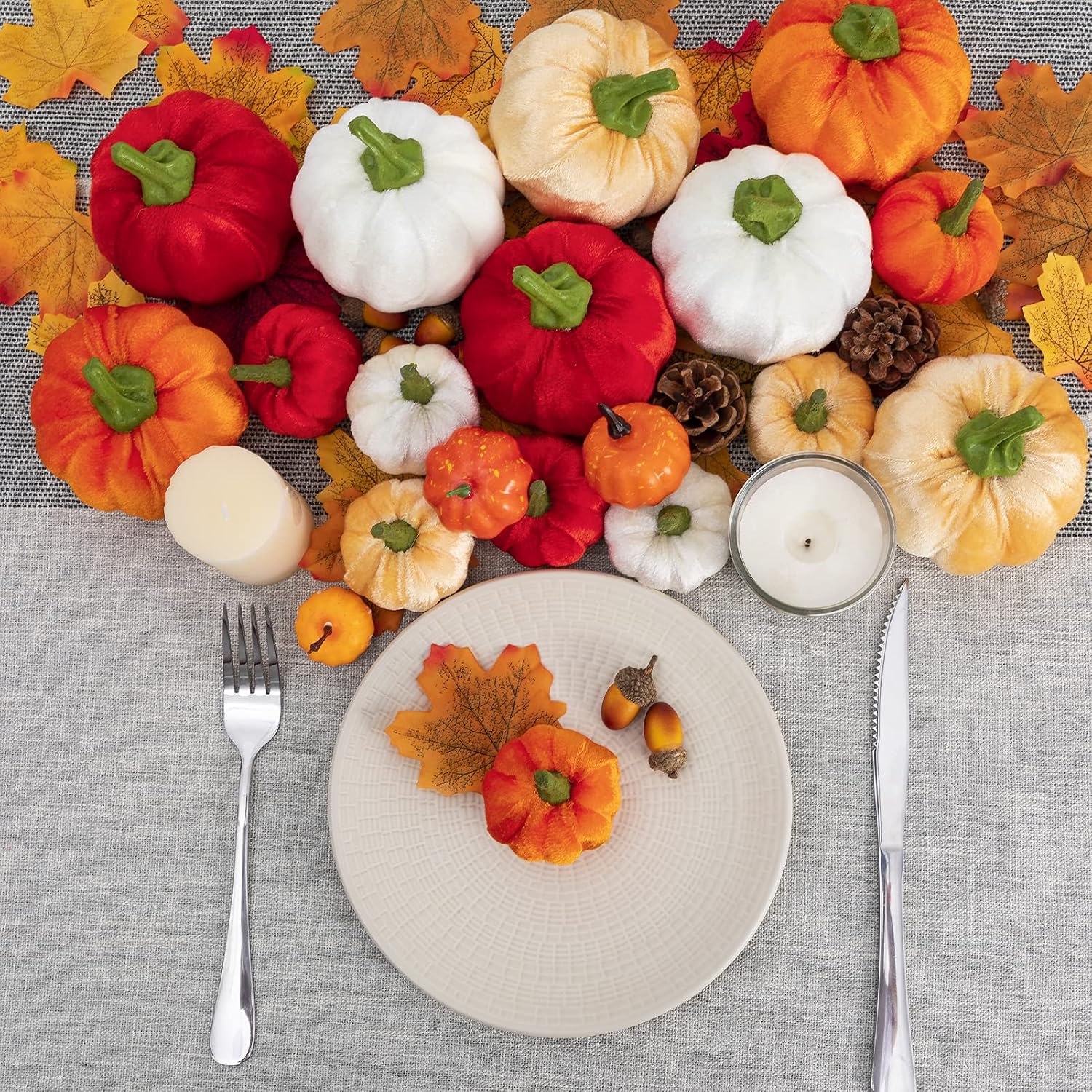 joybest 16Pcs Assorted Mini Velvet Pumpkins Artificial Pumpkins Orange White Pumpkins Thanksgiving Fall Harvest Halloween Decorations Holiday Table Decor Farmhouse Decorations