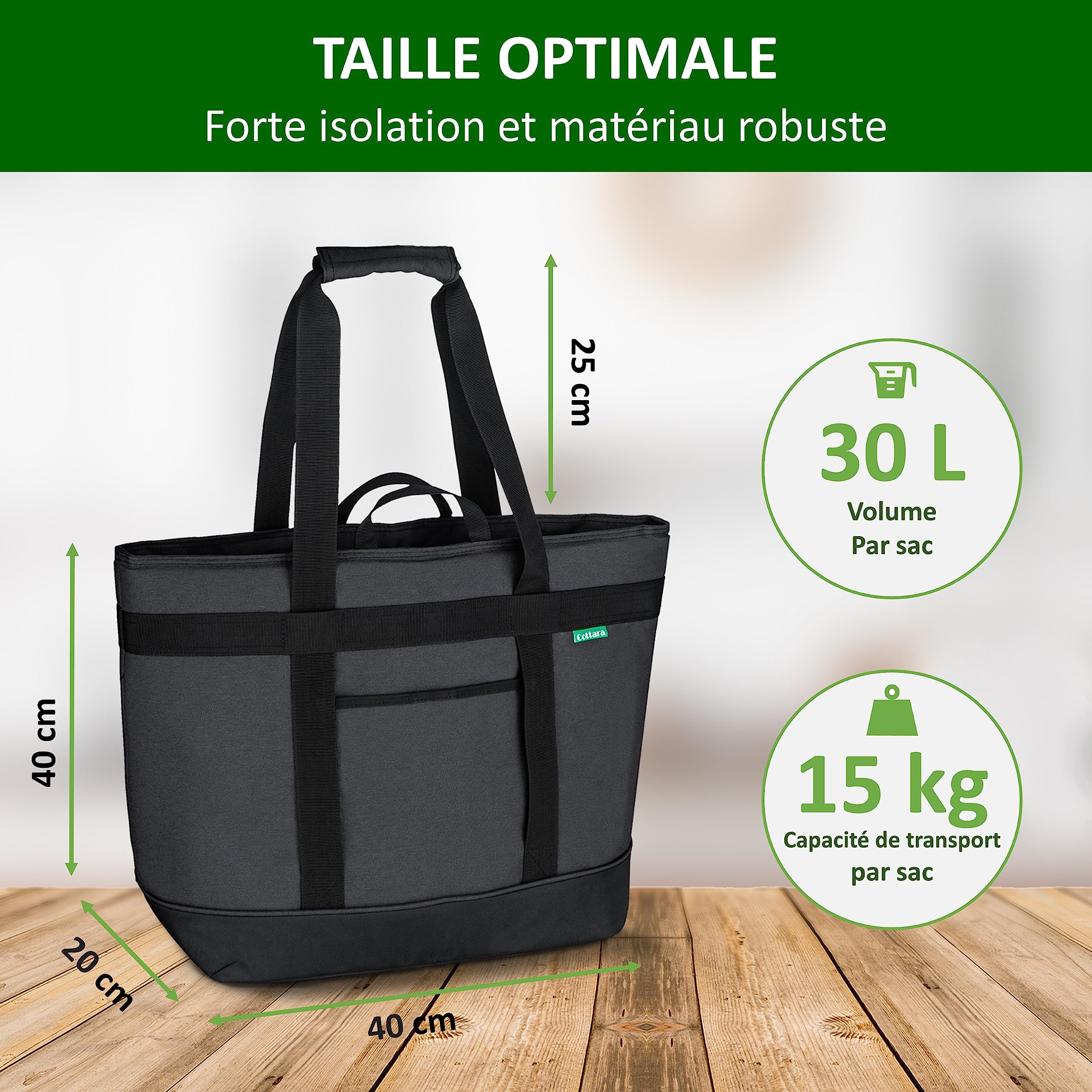 COTTARA® Grand sac isotherme pliable - Sac de courses stable avec une forte isolation pour chaud et froid - Idéal comme sac de courses, sac isotherme, sac de pique-nique, gris, XL - 30 Liter