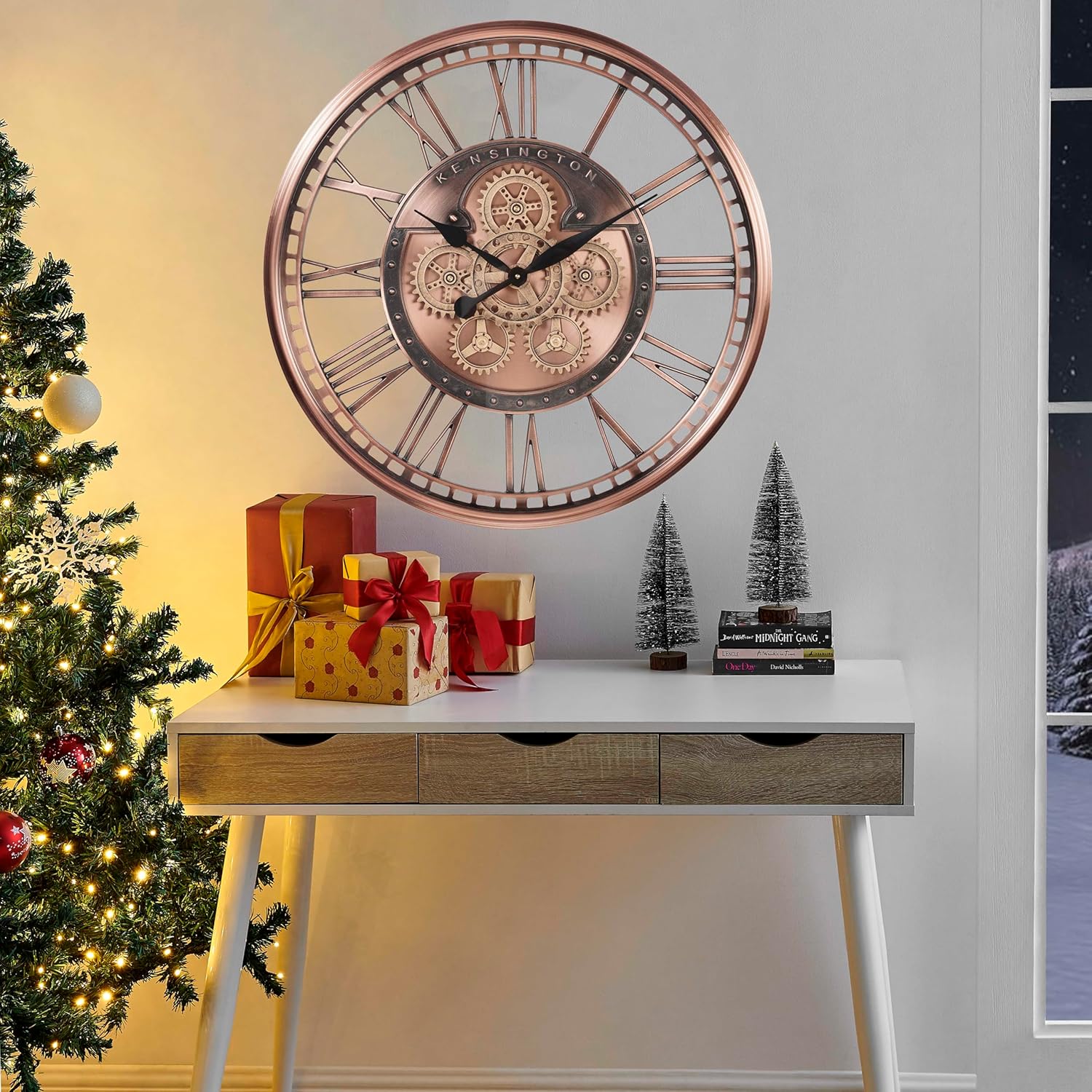 CLXEAST 28 Inch Oversized Large Moving Gears Wall Clock,Industrial Vintage Rose Gold Silent Wall Clock for Modern Farmhouse Living Room Home Decor,Copper Finish