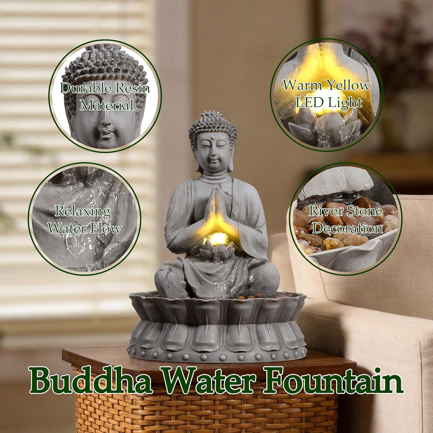 Outdoor Water Fountains Seated Buddha Lotus Help Meditation, Relaxation, and Tranquility with Warm LED Lights Fit Yard, Garden, Lawn