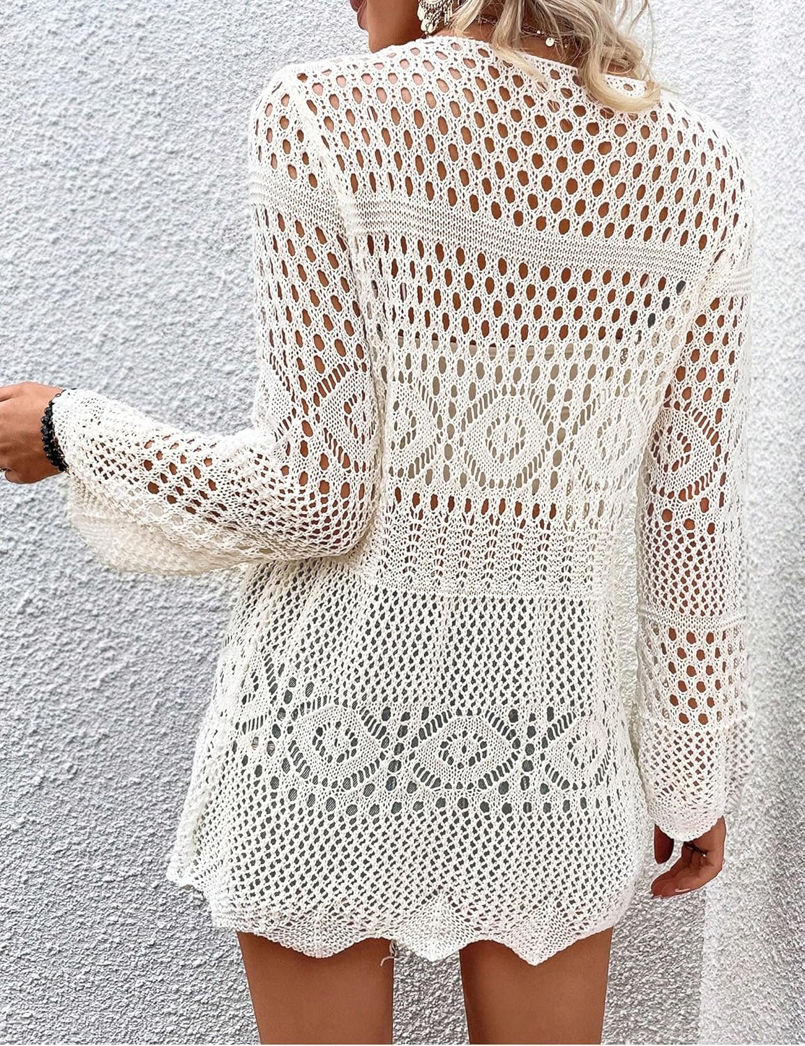 Women Crochet Cardigan Lightweight Tie Front Hollow Out Long Sleeves Summer Knit Cover Cardigans - Image 4
