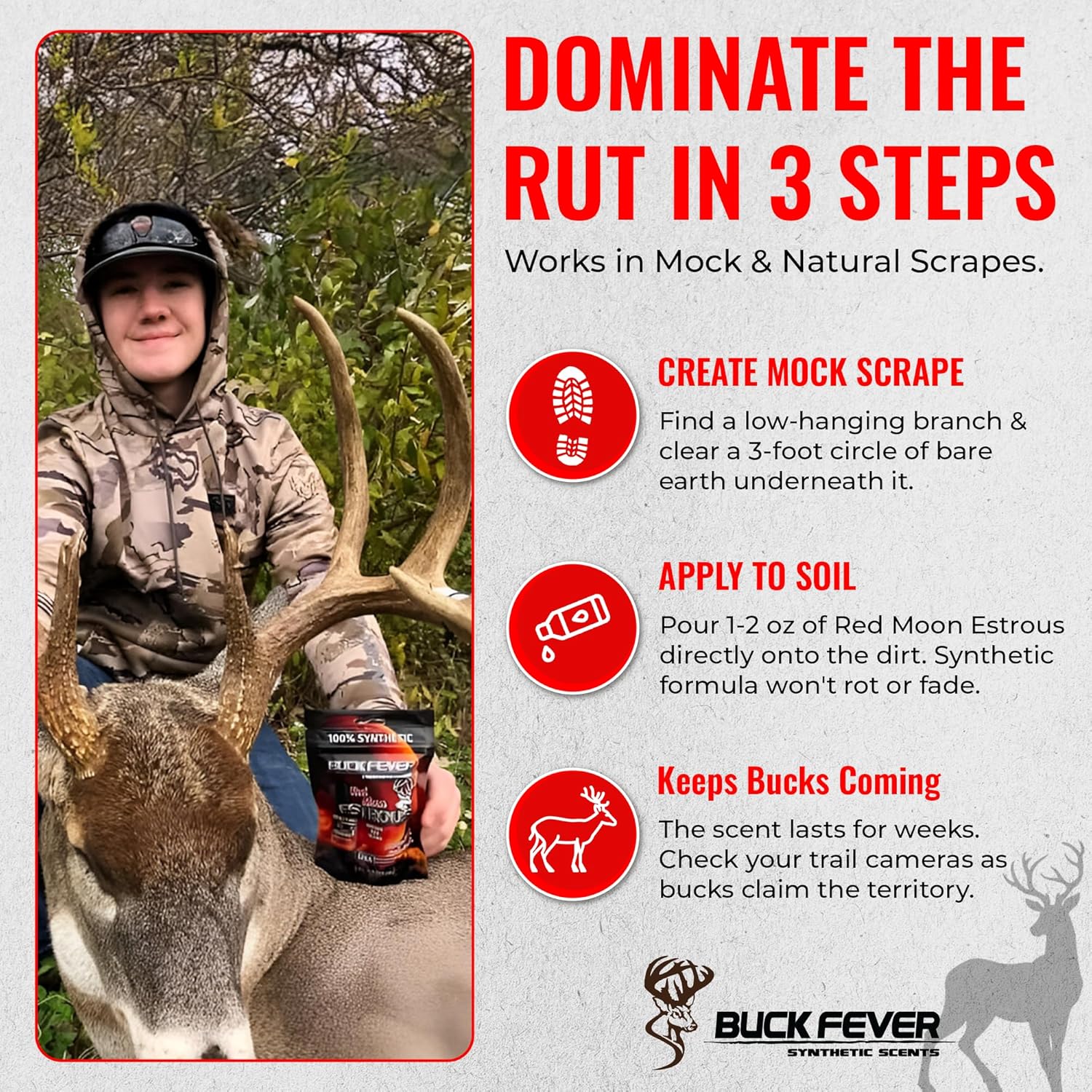 Buck Fever Red Moon Estrous (2 Oz, 12 Pack) – Synthetically Formulated Deer Liquid Attractant – Non-Spoiling, Sweet Synthetic Buck Attractant Scent – Moisture Reactivated Mature Rutting Buck Scent
