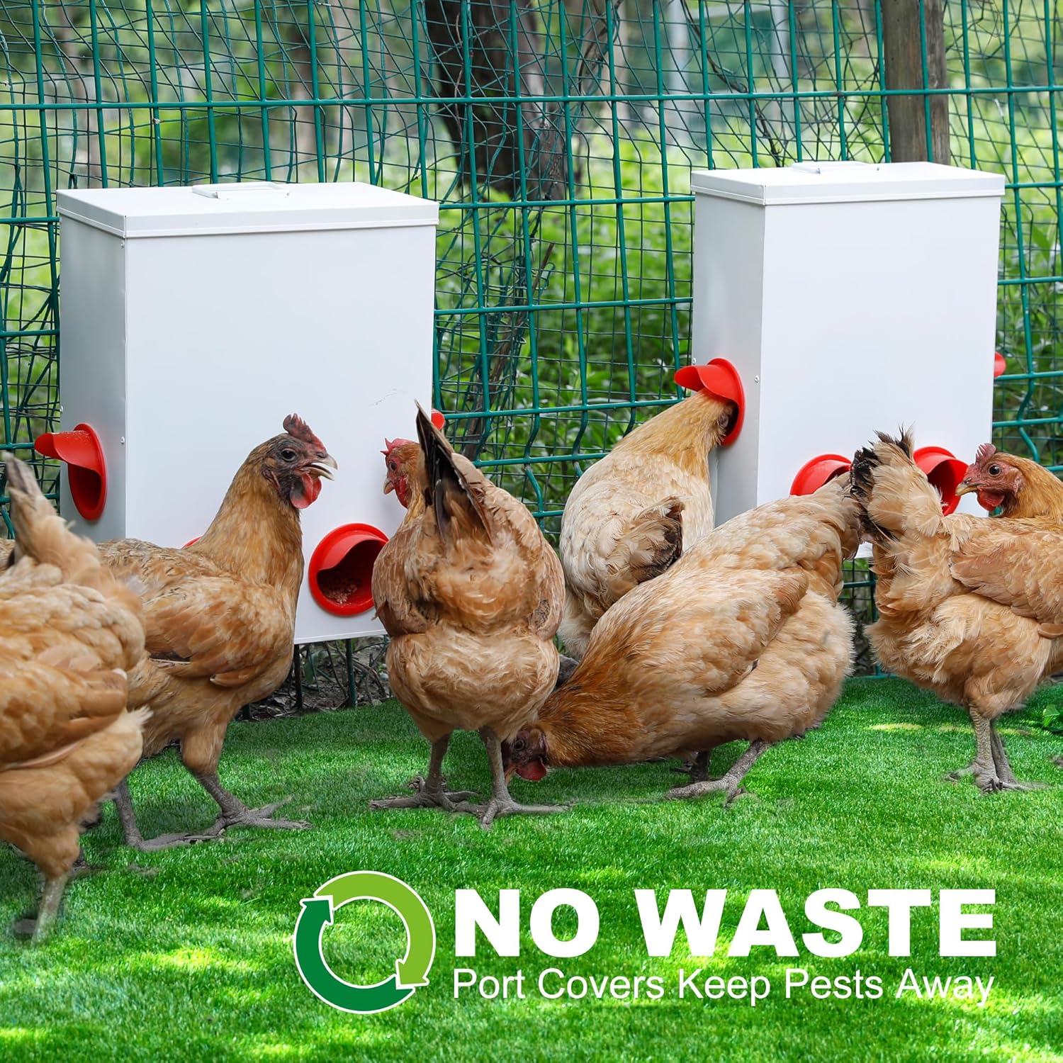 Solution4Patio 2Sets Metal Chicken Feeder, 15-20Lbs Automatic Gravity Hanging Chicken Feeder with Waterproof Lid, Heavy-Duty Hanging Design & Waste-Free Tray for Outdoor Chicken/Ducks