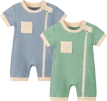 Volunboy Newborn Summer Clothes Unisex Baby Boy Girl 2 Pack Rompers Short Sleeve Two Way Zipper One-piece Jumpsuits Bodysuits