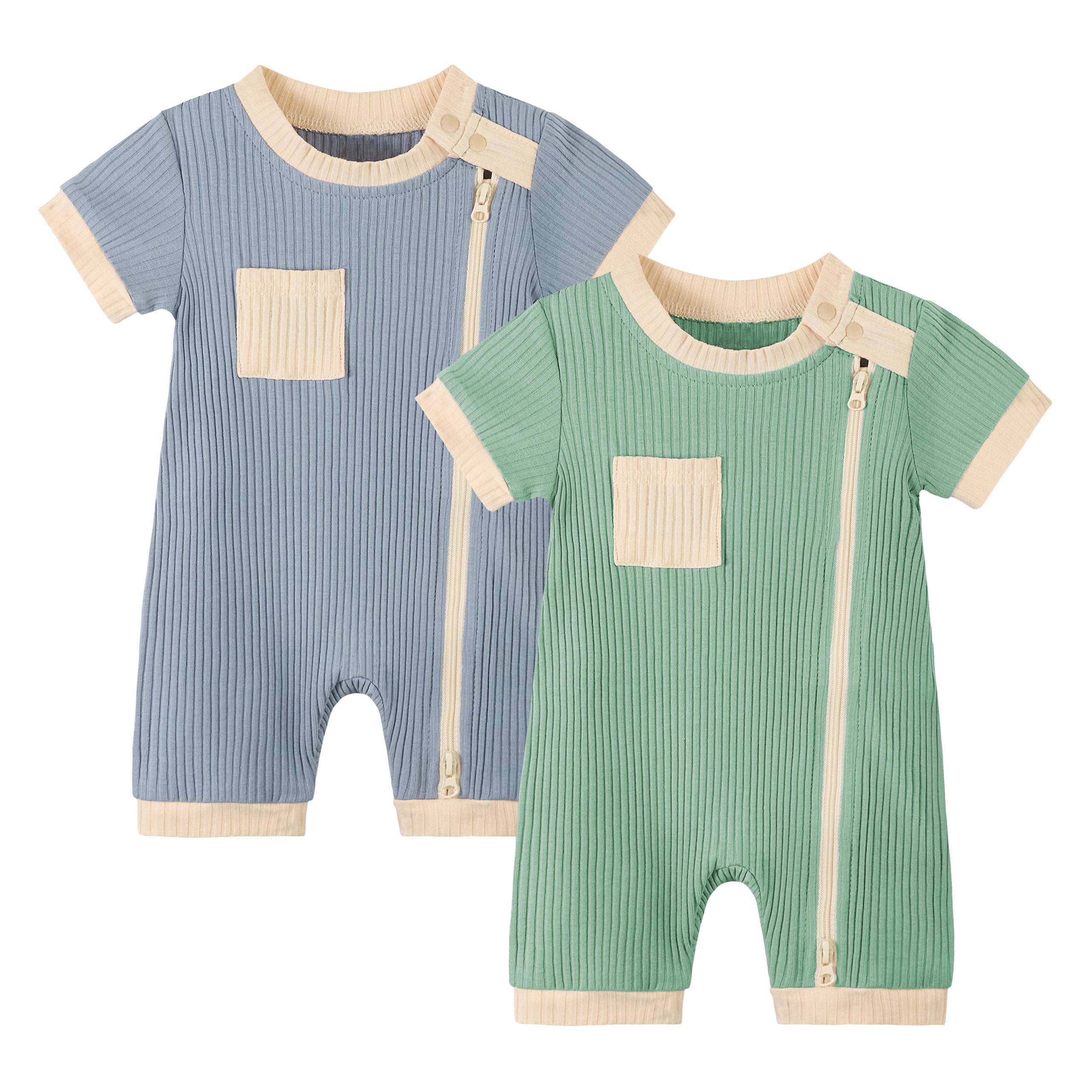 Volunboy Newborn Summer Clothes Unisex Baby Boy Girl 2 Pack Rompers Short Sleeve Two Way Zipper One-piece Jumpsuits Bodysuits