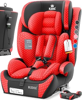 KIDIZ® Autokindersitz mit Isofix i-Size R129 100-150cm bis 12 Jahre, Kinderautositz Gruppe 1/2/3, mitwachsender Kindersitz, 5-Punkt-Gurt, höhenverstellbare Kopfstütze, Sitzerhöhung Auto, Rot