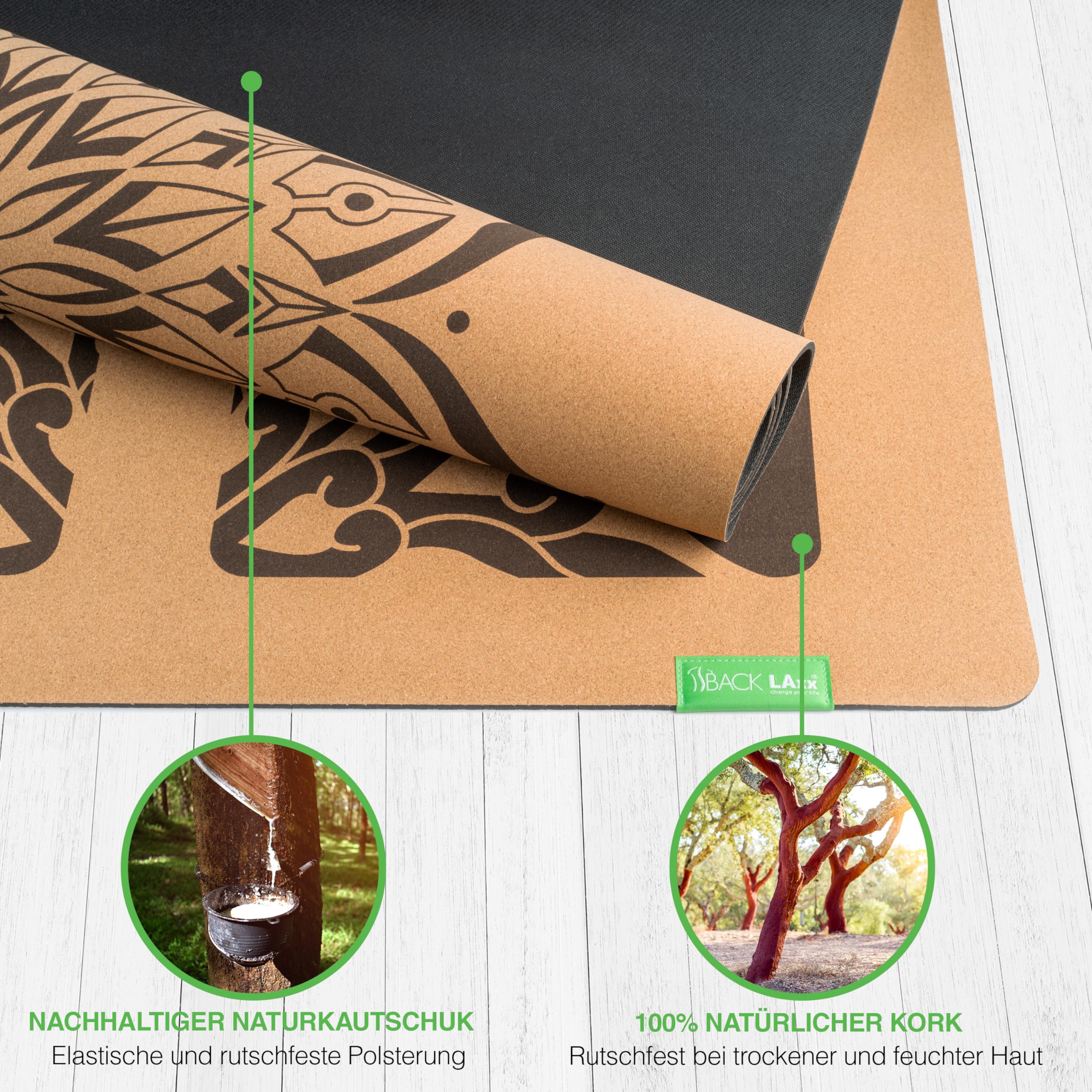 BACKLAXX ® Yogamatte Kork XXL [50% mehr Fläche] mit Naturkautschuk | Yoga-Matte rutschfest | nachhaltige Yogamatten | Fitnessmatte mit Anti-Rutsch-Zonen | inkl. Tragegurt