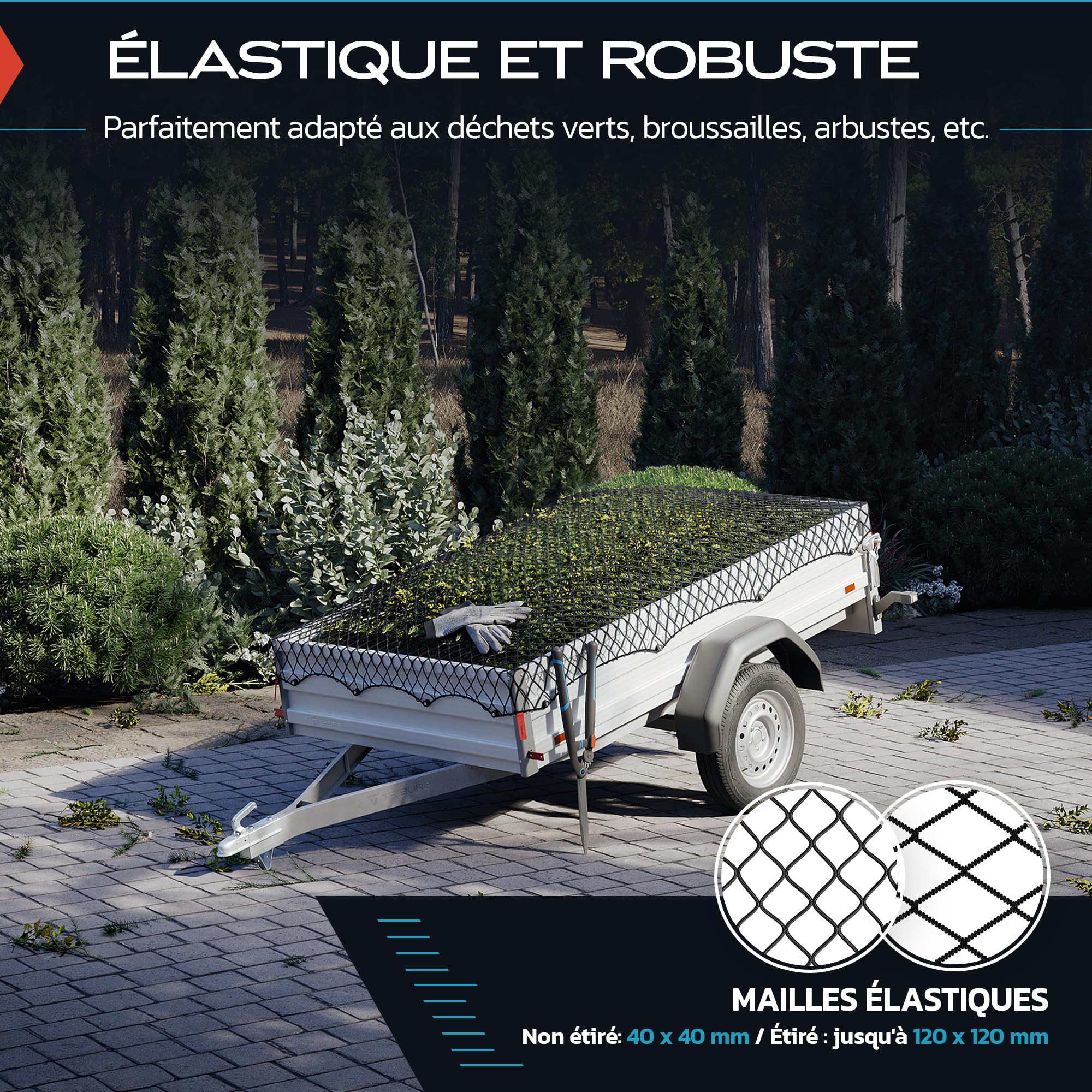TRIBURG Filet de remorque Extensible pour remorques de 1x2 m à 2x3 m - à Mailles serrées avec Corde en Caoutchouc [Noir/élastique].