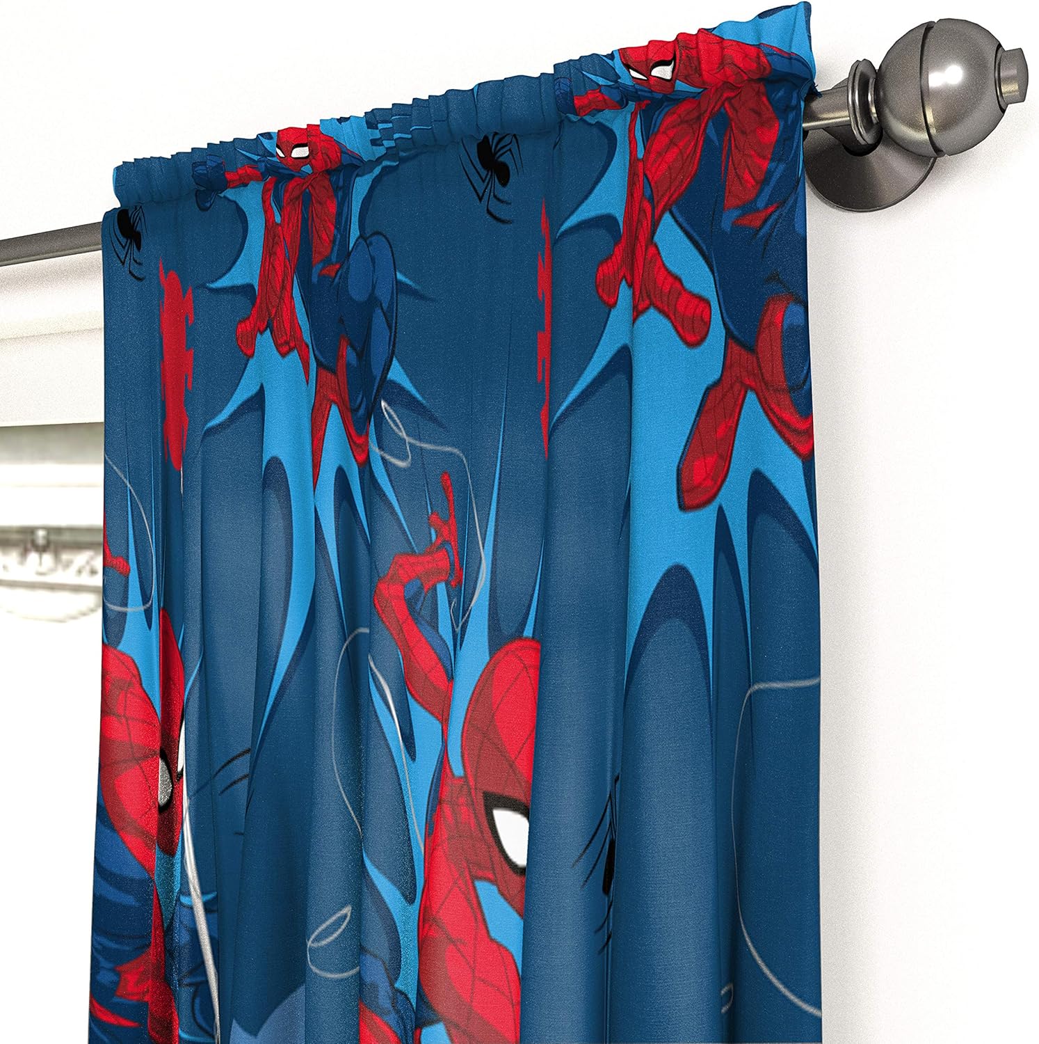 Jay Franco Kids Window Drapes - 4 Piece Curtain Set Includes 2 Tiebacks, Beautiful Bedding Room Décor and Easy Set Up, Blue - Spiderman, 63 Inch