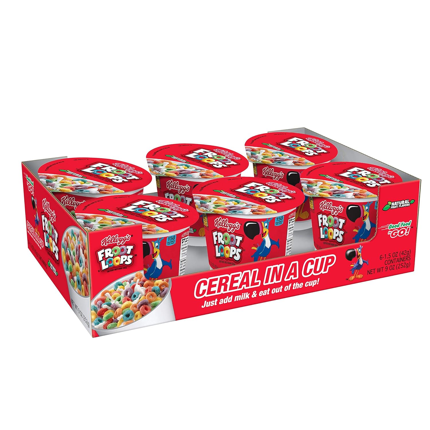 Kellogg's Froot Loops, Breakfast Cereal in a Cup, Low Fat, Bulk Size, 1.5 Ounce (60 Count) (Pack of 10, 9 oz Trays)