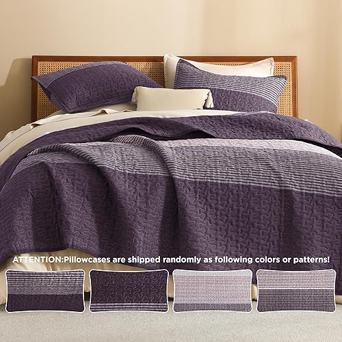 Miniatura 5 de Litanika Juego de edredón a rayas tamaño Queen, juego de colcha de rayas moradas y grises, funda de ropa de cama de microfibra suave y ligera gris,