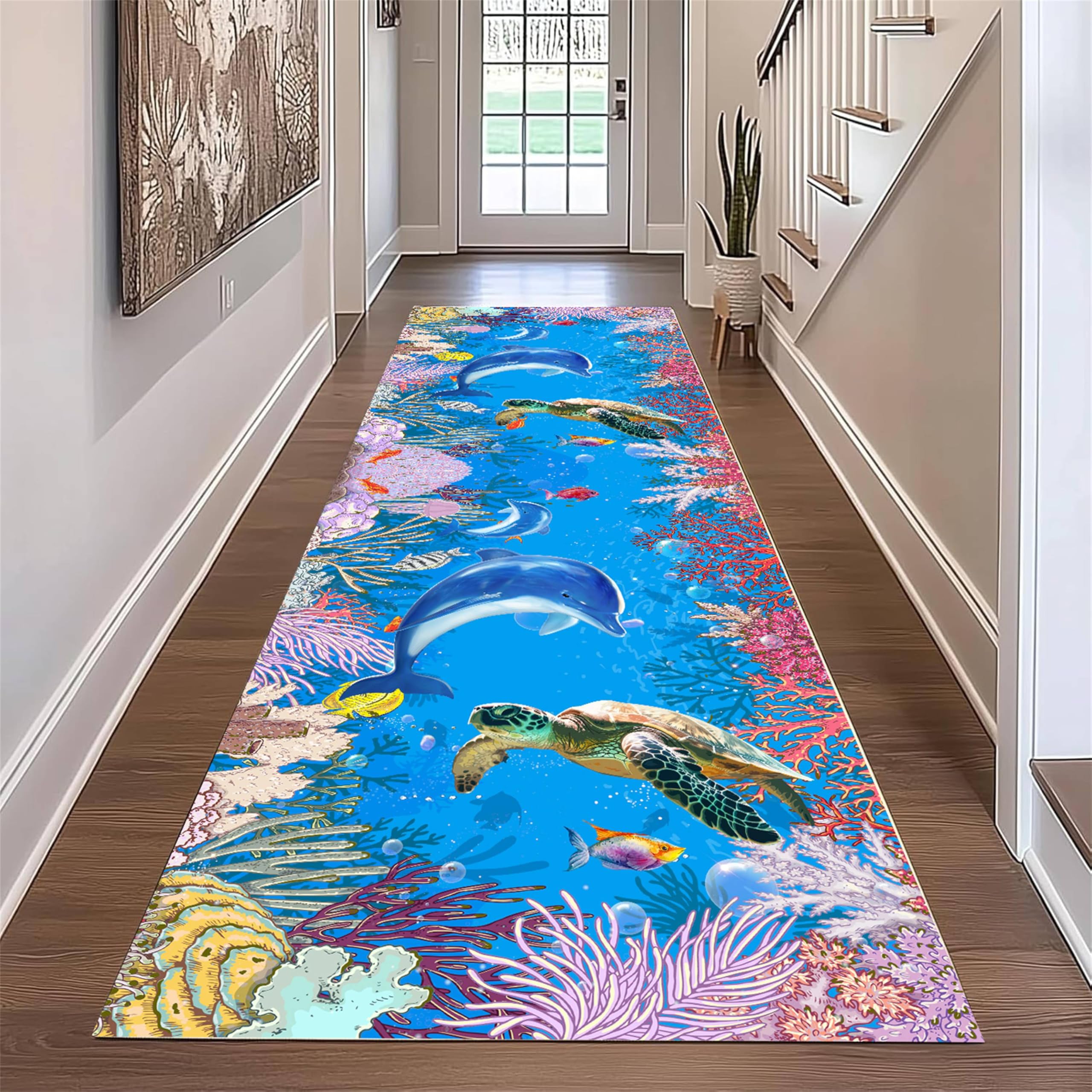 Coastal Runner Rug，2x6ft Enchanting Undersea Hallway Runner Rug, Ocean Dolphin Coral Tropical Fish Printed, Low Pile Non-Slip Indoor Rugs, Soft