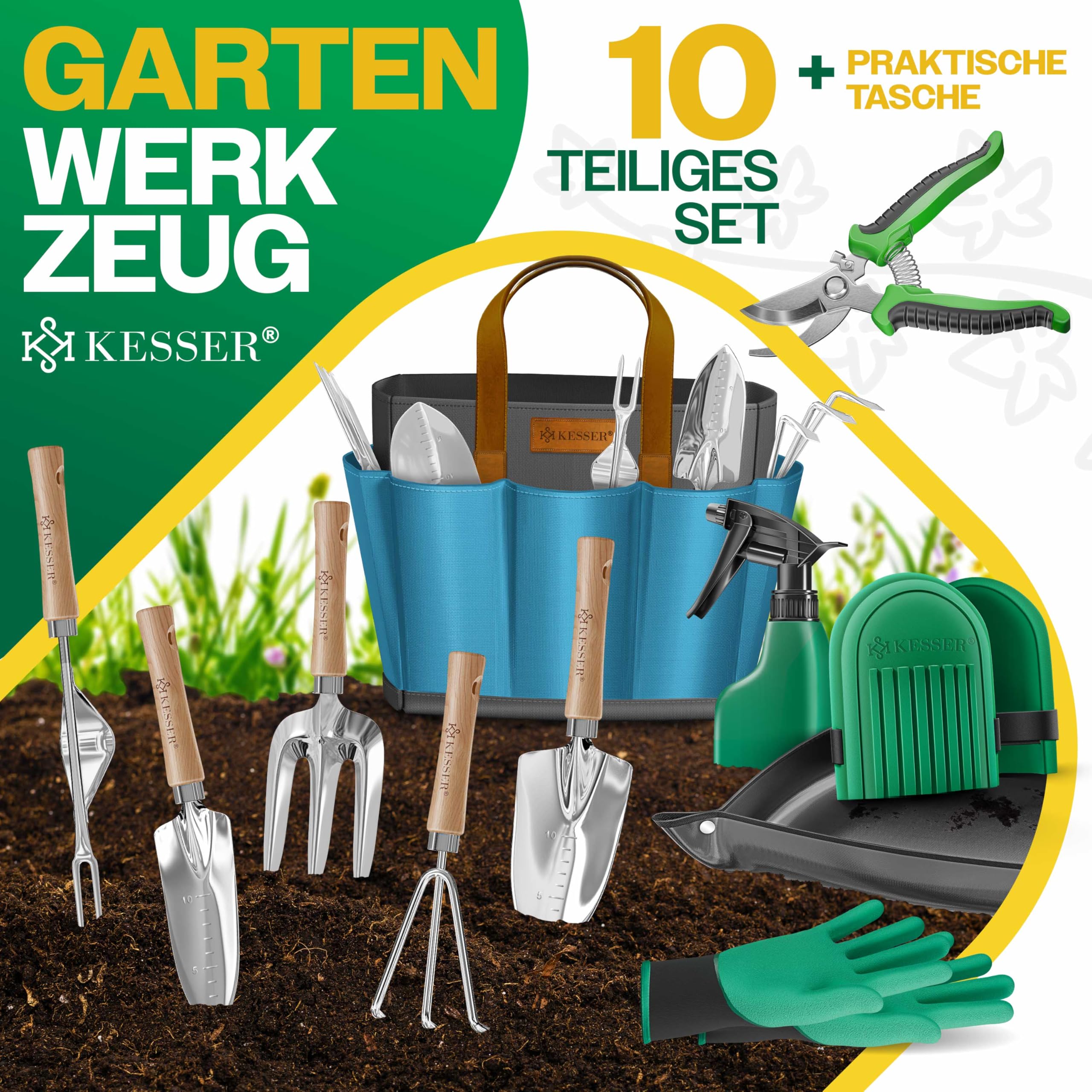 KESSER® Gartenwerkzeug Set 10-teilig mit ergonomischen Holzgriffen inkl. wasserdichte Tasche aus 600D Oxford-Material, Knieschoner, Pflanzmatte, Sprühflasche, Gartenschere, Handschuhe für Gartenarbeit