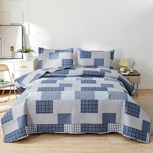 Miniatura 1 de Edredón a cuadros tamaño matrimonialqueen, azul y blanco, ligero, colcha de retazos, suave, transpirable, a cuadros, ropa de cama con patrón de