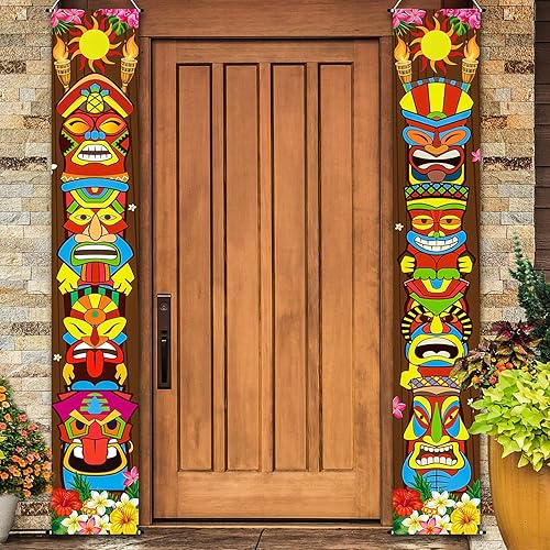 Frienda Hawaiian Luau - Suministros de decoración de fiesta de Tiki Banner Tiki Totem Letrero de puerta para Hawai Tropical Decoración Aloha