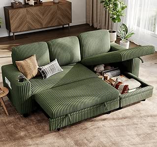 LINSY HOME Sectional Sleeper Sofa Pull Out Couches for Living Room (Green, Sleeper Sofa 1) | Pull Out Sofa Bed, Storage, USB Charging, Cup Holders, Plush Corduroy