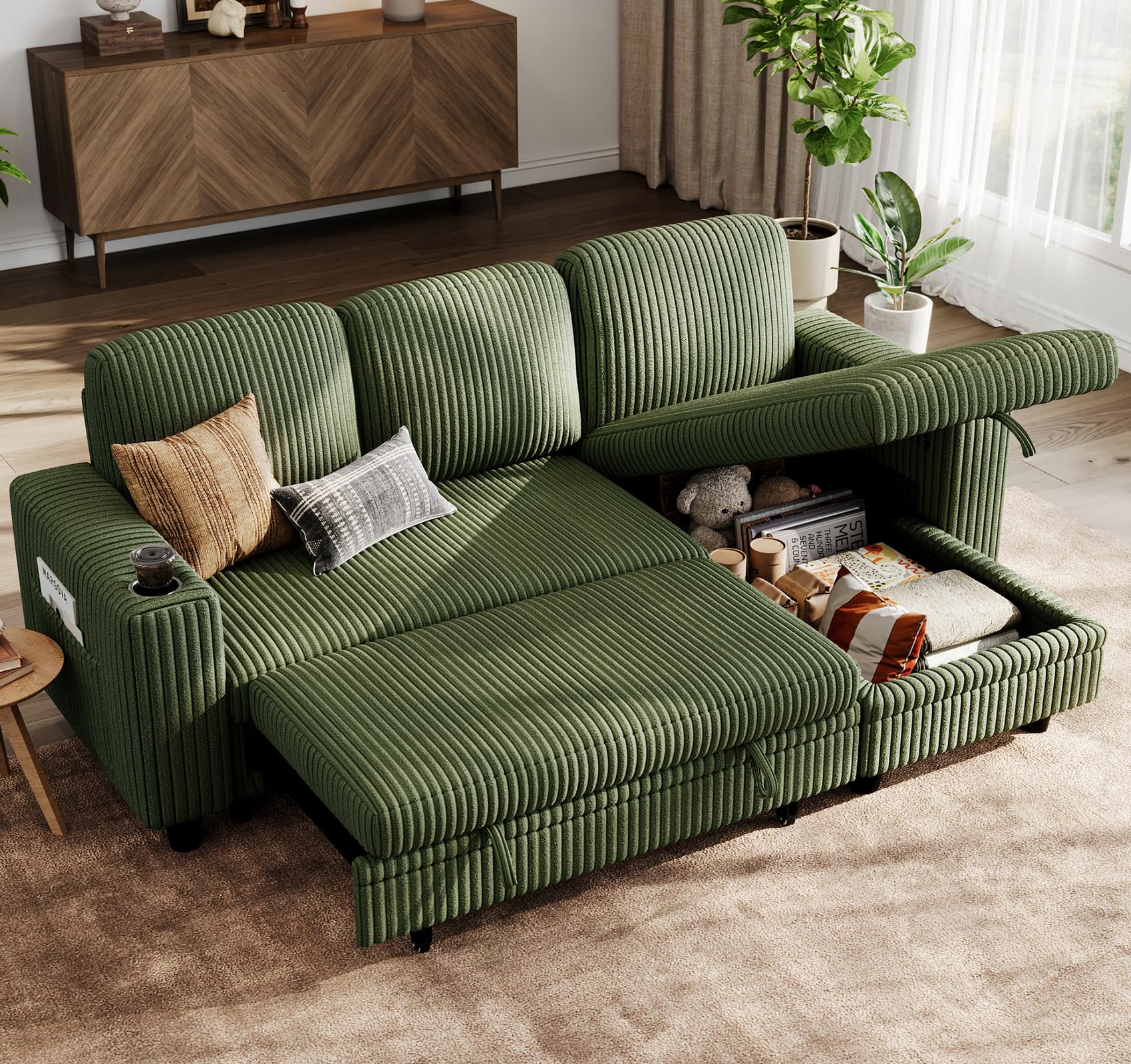 LINSY HOME Sectional Sleeper Sofa Pull Out Couches for Living Room Green Sleeper Sofa 1 Pull Out Sofa