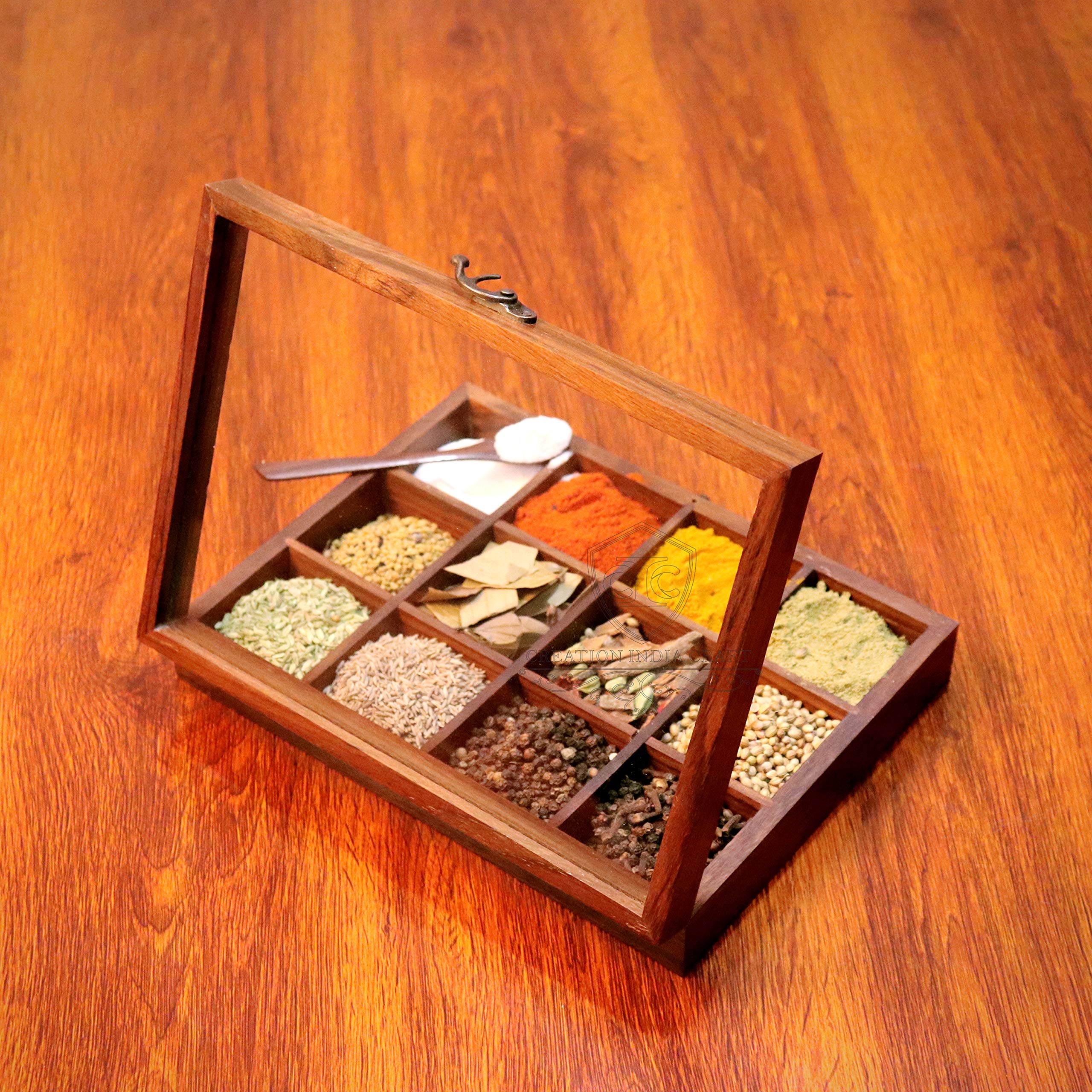 Creation India Craft Wooden Spice Box With 12 Partitions & Spoon,Spice Container For Kitchen,Masala Dabba,Namakdani For Kitchen,Wooden Masala Box,Multipurpose Decorative Box(12 Partitions),Brown