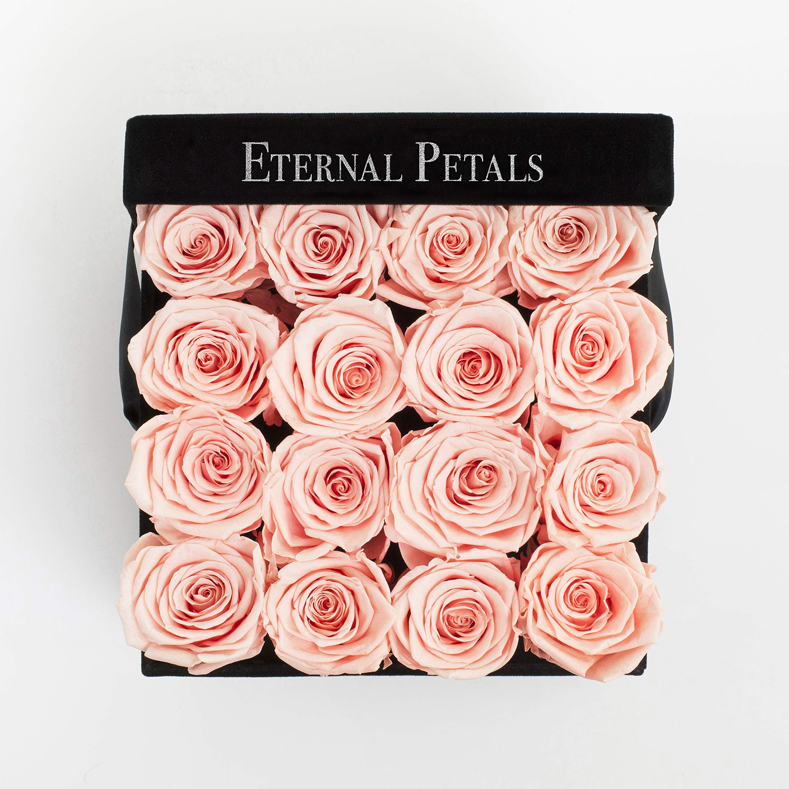 Real Roses That Last A Year – 16 Roses in a Black Flower Box (Delicious Peach)