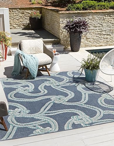 Unique Loom Outdoor Coastal Collection - Alfombra con cordones (7 pies 10 pulgadas, cuadrada, azul marinomarfil)