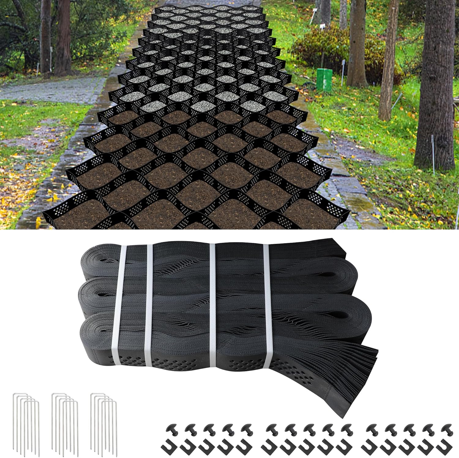 2" Depth Ground Grid, 16.5x6.5 FT Geo Gravel Grid Driveway 1885 lbs per Sq Ft Load, Geogrid Ground Stabilization System with Connection Buckles and Stakes for Driveways Walkway Slope Pathway & Garden