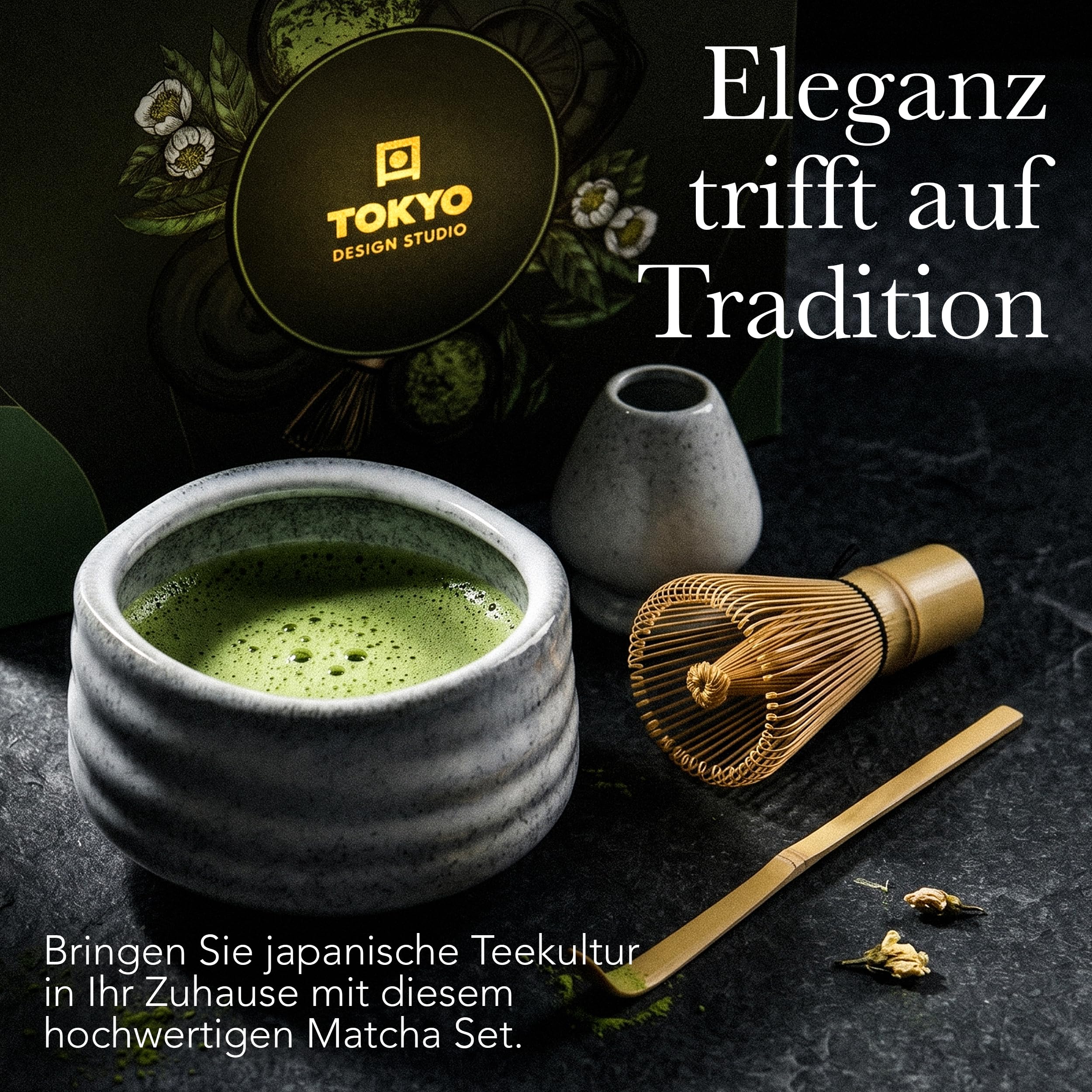 TOKYO design studio – 4-teiliges Matcha Set in hochwertiger Geschenkverpackung - mit Matchaschale, Bambusbesen, Bambuslöffel & Teebesenhalter – Traditionelle Teezeremonie – Edle Keramik in Grau