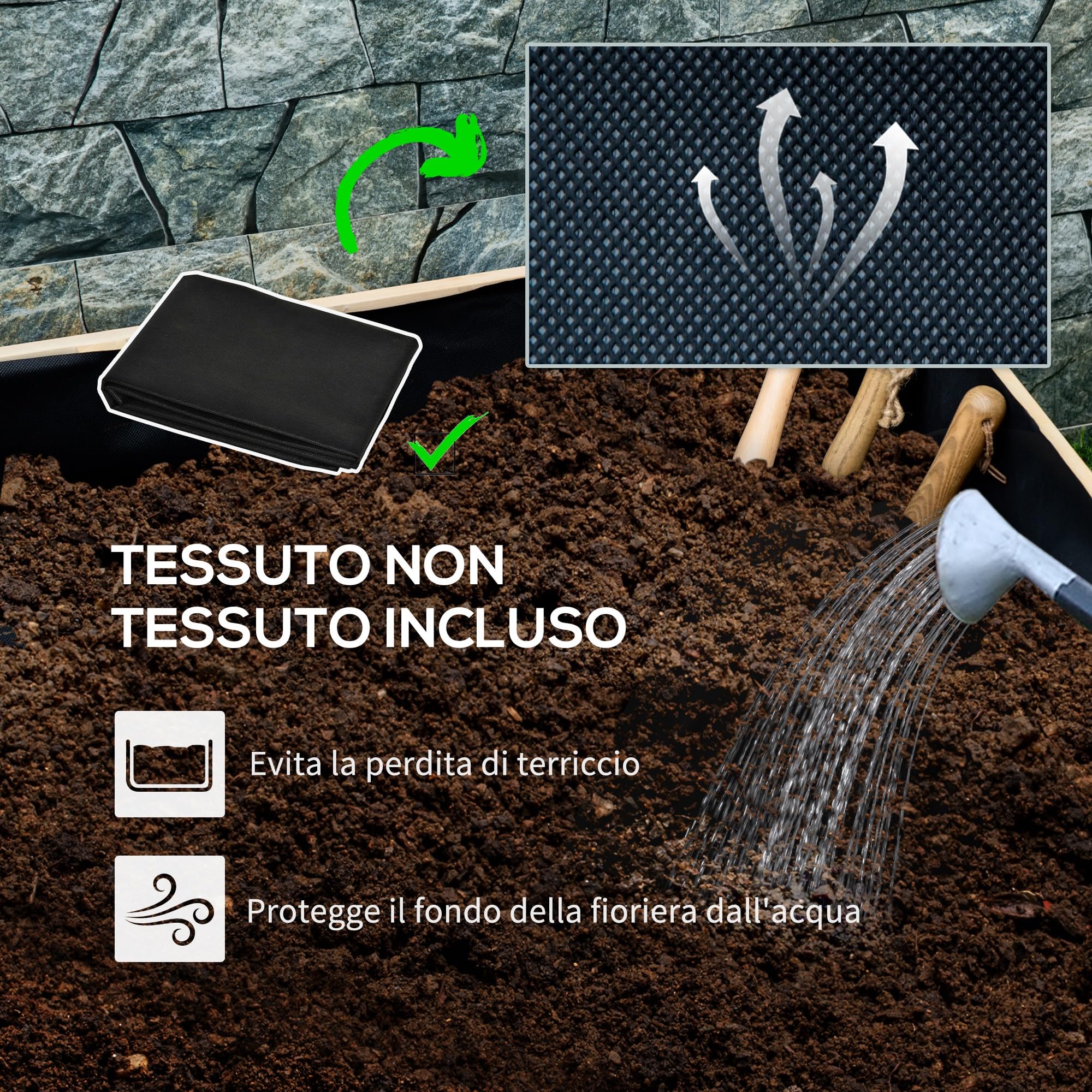 Outsunny Fioriera da Giardino con Foro di Drenaggio e Fodera di Tessuto non Tessuto, Fioriera in Legno di Abete con Rotelle, 89x48x47 cm, color Legno