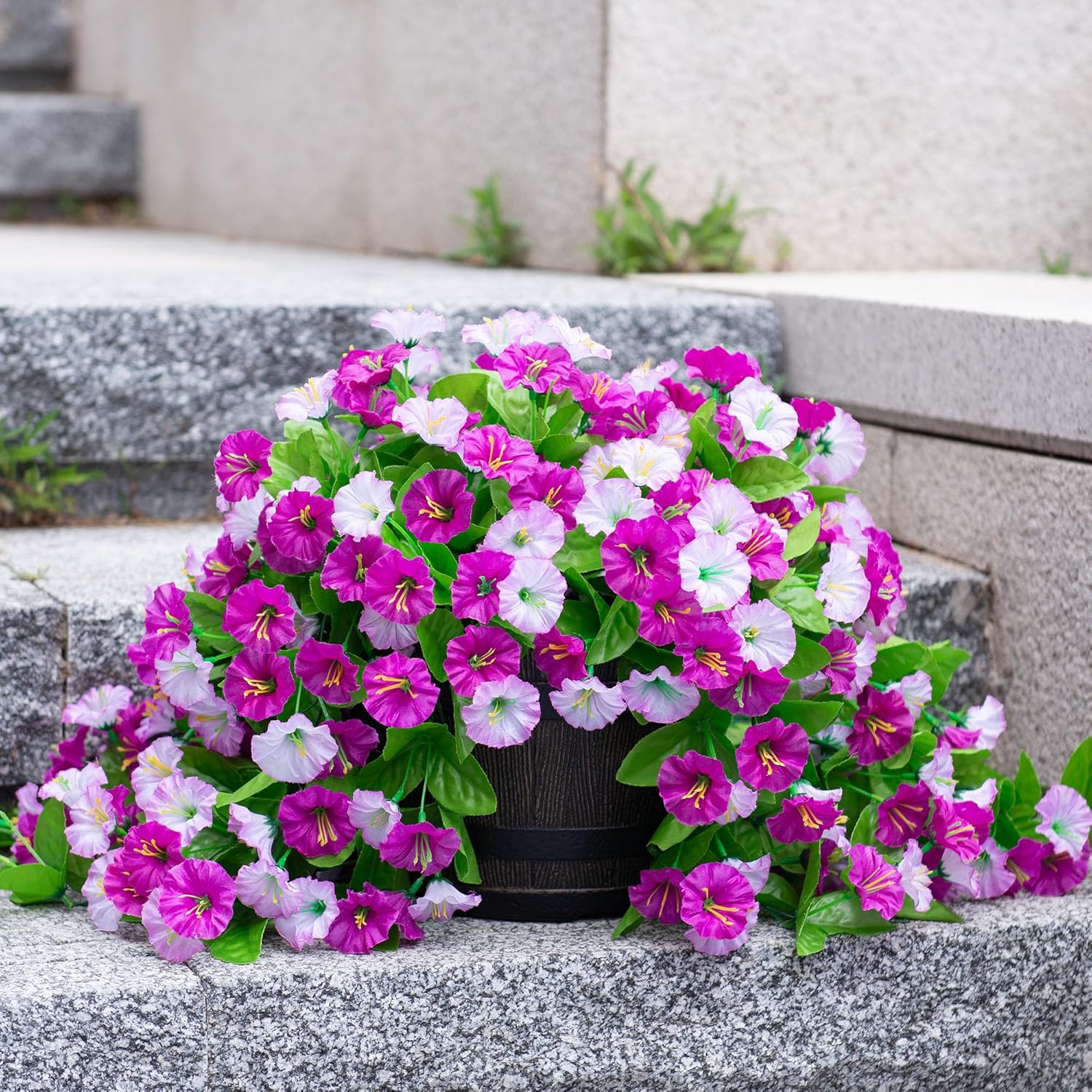 Artificial Flowers with Hanging Basket, Outdoor Faux Plants Silk Morning Glory Vines, Fake Green Arrangement for Garden Patio Spring Summer Decor(Darkorchid) - Image 8