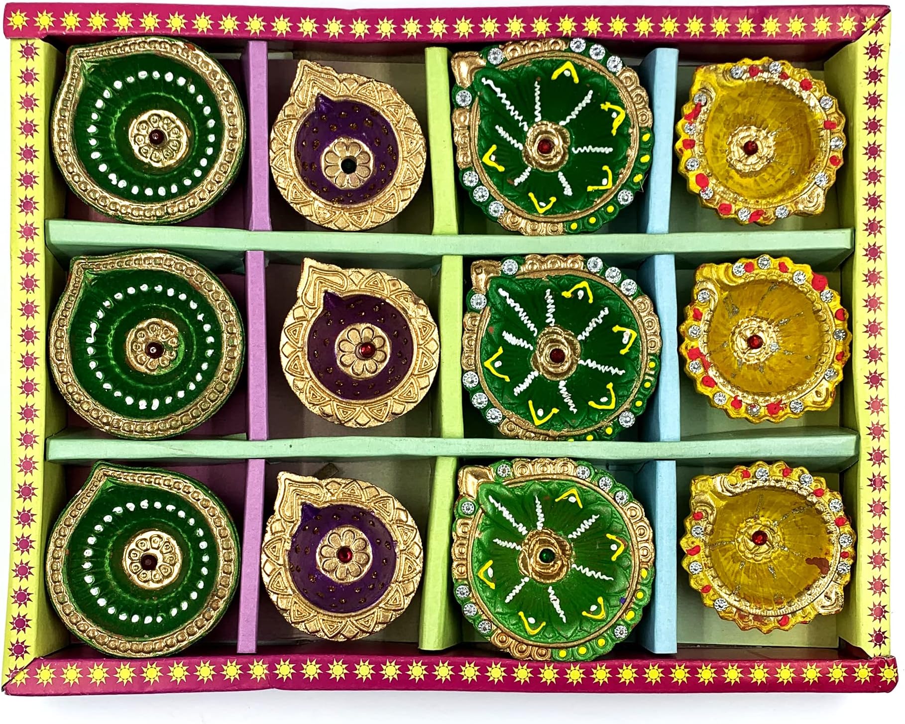 KSJONE Set of 12 Diyas Diya Deepak Earthen Assorted Colorful Set - Diwali Decoration Puja - Handpainted Diya for Home Indoor Outdoor Diwali Design Handmade Mix Color with Cotton Wick