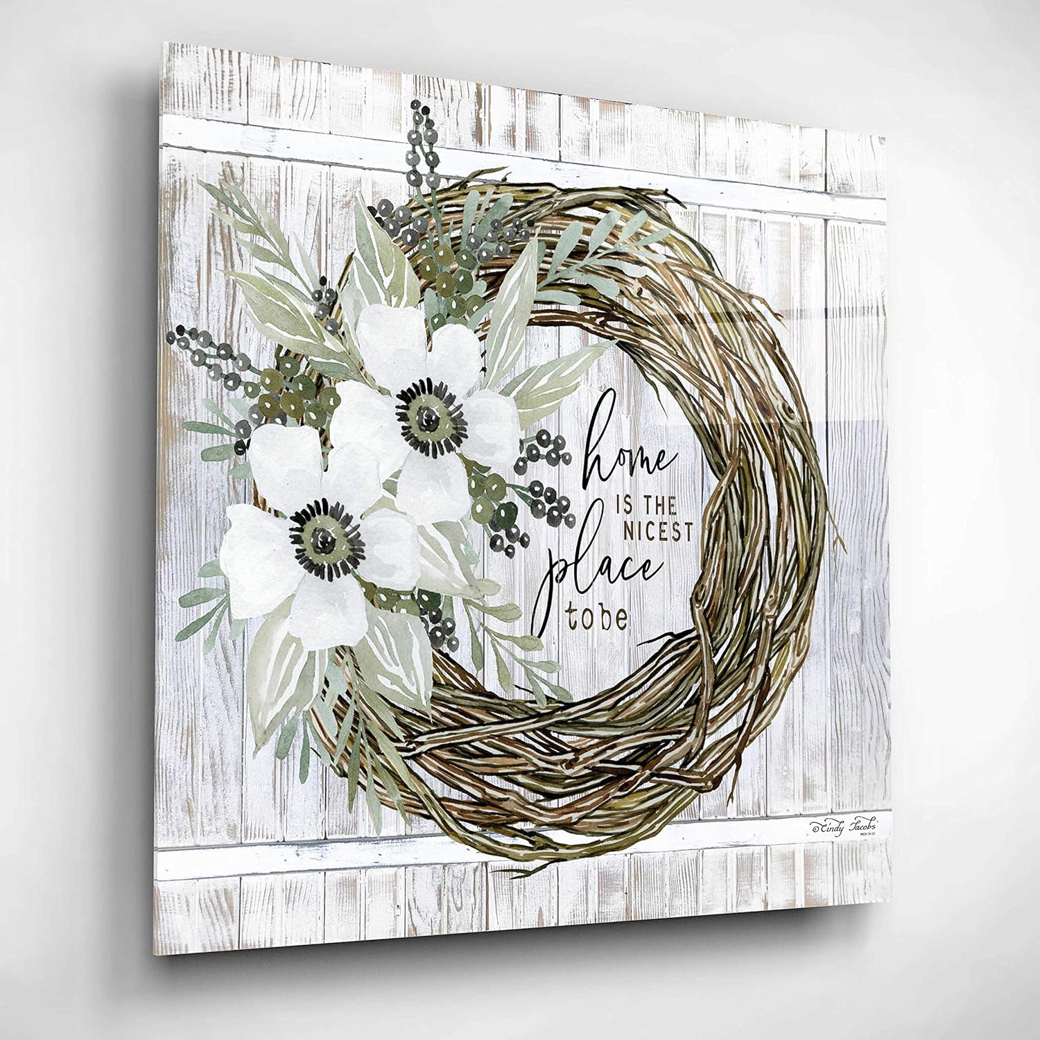 Epic Art 'Home is the Nicest Place to Be Wreath' by Cindy Jacobs, Acrylic Glass Wall Art, 12"x12"
