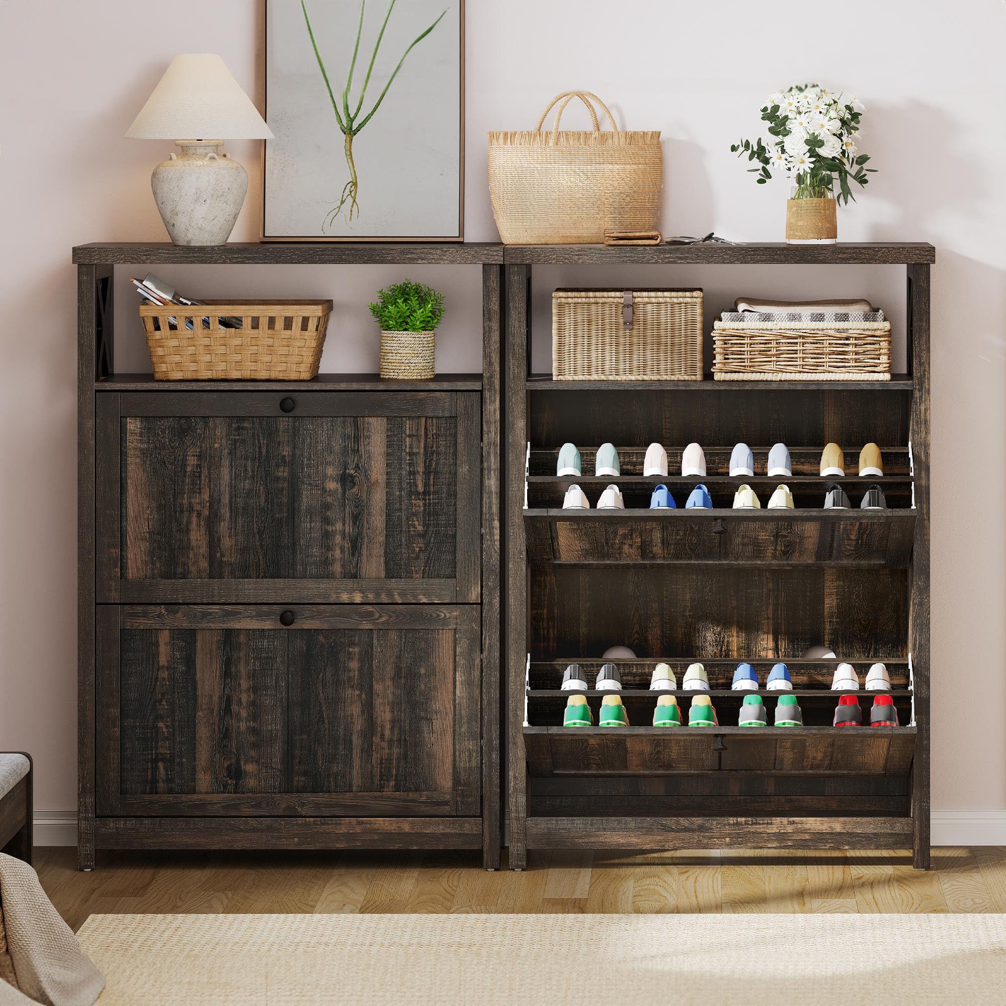 YITAHOME Shoe Cabinet with 2 Flip Drawers, Entryway Shoe Storage Cabinet with Open Shelves, Free Standing Hidden Shoe Rack Storage Organizer for Entryway/Hallway/Closet, Dark Rustic Oak