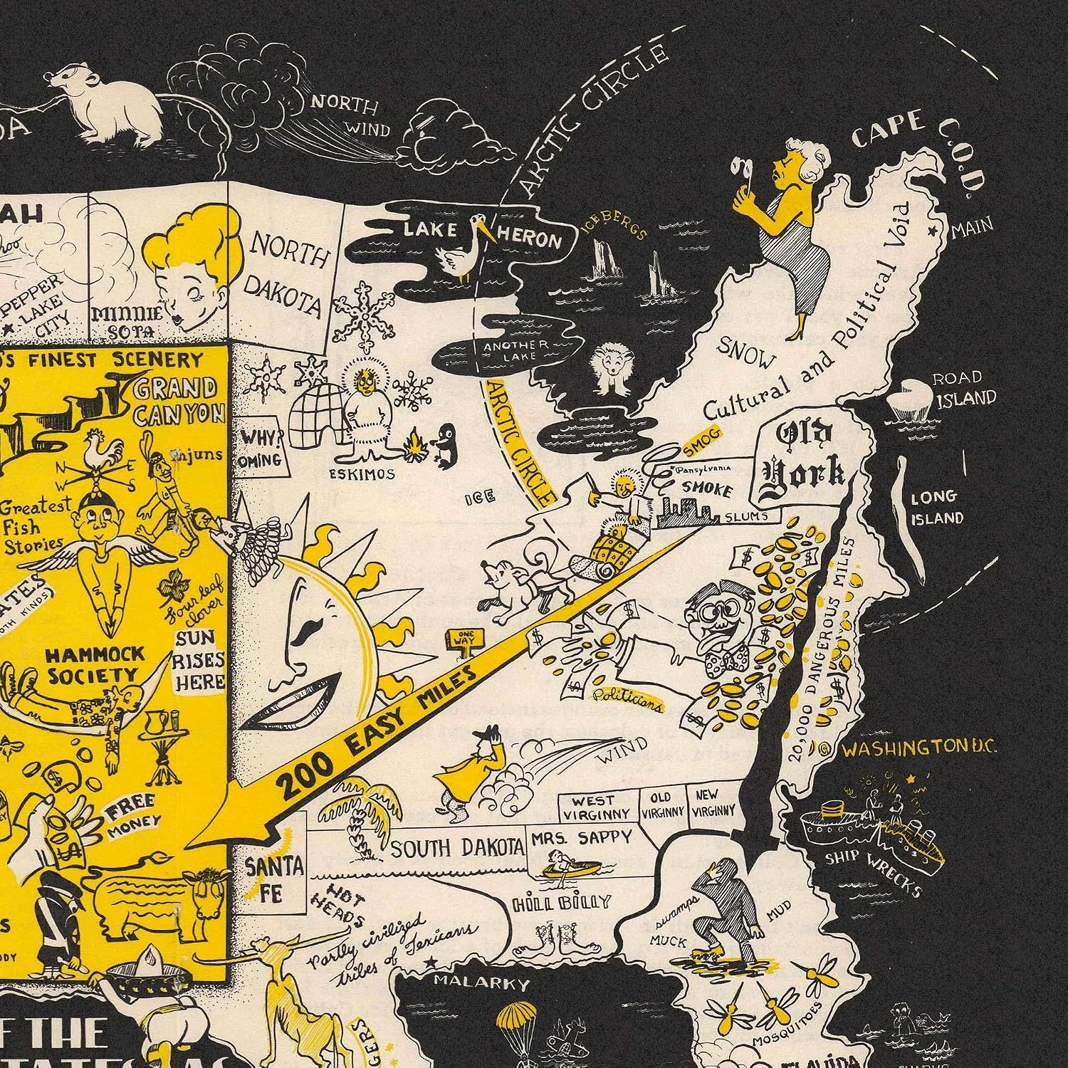 Arizona Illustration Wall Art Print on Canvas, As Arizonans See It, Black and Yellow, 1952 Oren Arnold Illustration, Vintage Wall Decor (18 x 24 inches on Canvas)