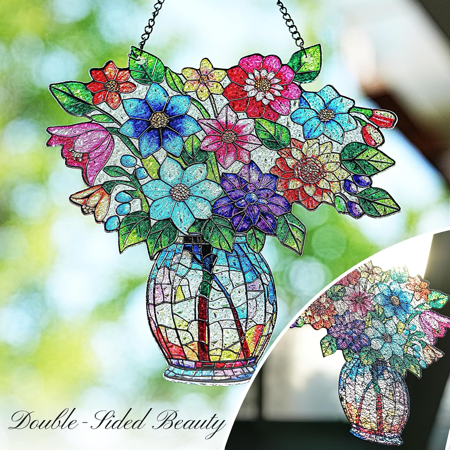H&D HYALINE & DORA Flower Style Stained Glass Window Hanging Plant Stained Glass Window Panel with Vase Wall Art Home Decor for Women Birthday 8" W x 8.5" H
