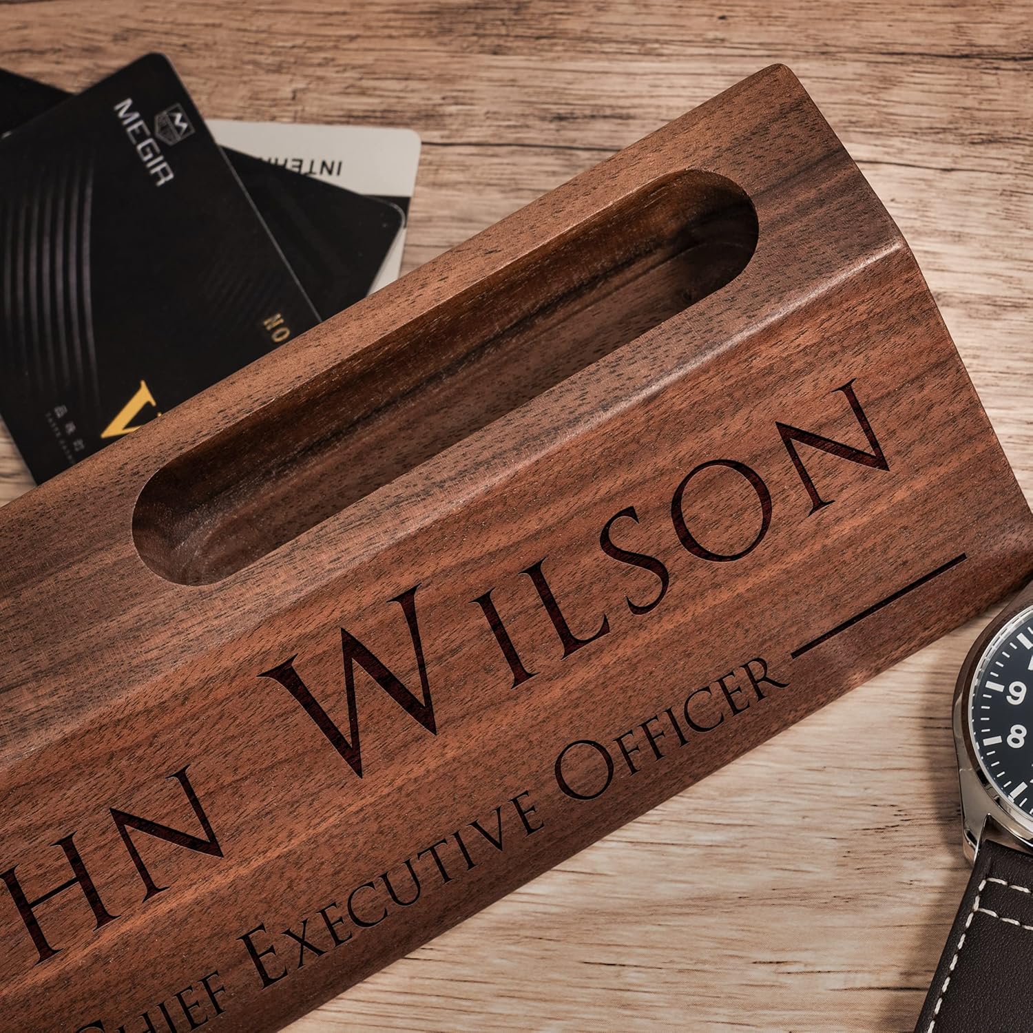 Personalized Walnut Wood Name Plate with Business Card Holder, 10 inches Executive Desk Sign, Office Gift for Boss Teacher CEO Coworker, Anniversary Romatic Gifts for Husbands Dad Gift