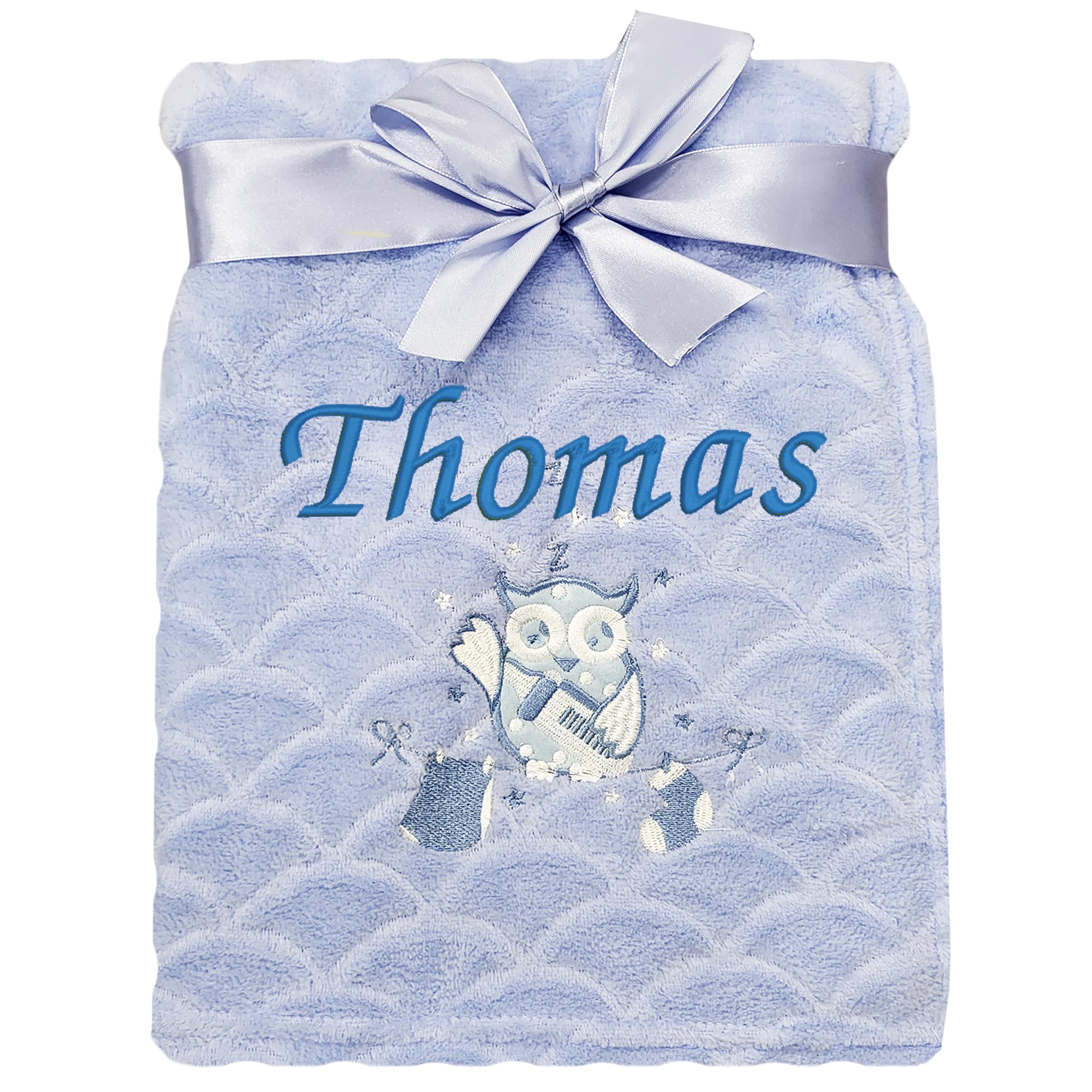 Baby Boy Girl Personalised Animal Blanket Embroidered Name Rabbit Owl (Blue Owl)
