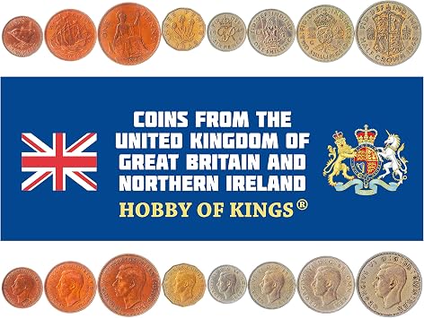 8 Coins from United Kingdom | British Coin Set Collection 1 Farthing 12 1 3 6 Pence 1 2 Shillings 1/2 Crown | 1937-1948 | George VI | Eurasian Wren | Thrift | Three-Masted Ship | Britannia