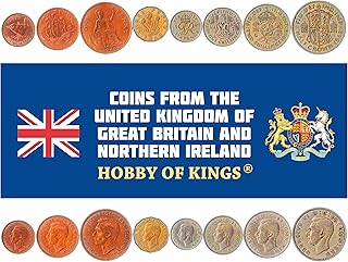 8 Coins from United Kingdom | British Coin Set Collection 1 Farthing ½ 1 3 6 Pence 1 2 Shillings 1/2 Crown | 1937-1948 | George VI | Eurasian Wren | Thrift | Three-Masted Ship | Britannia