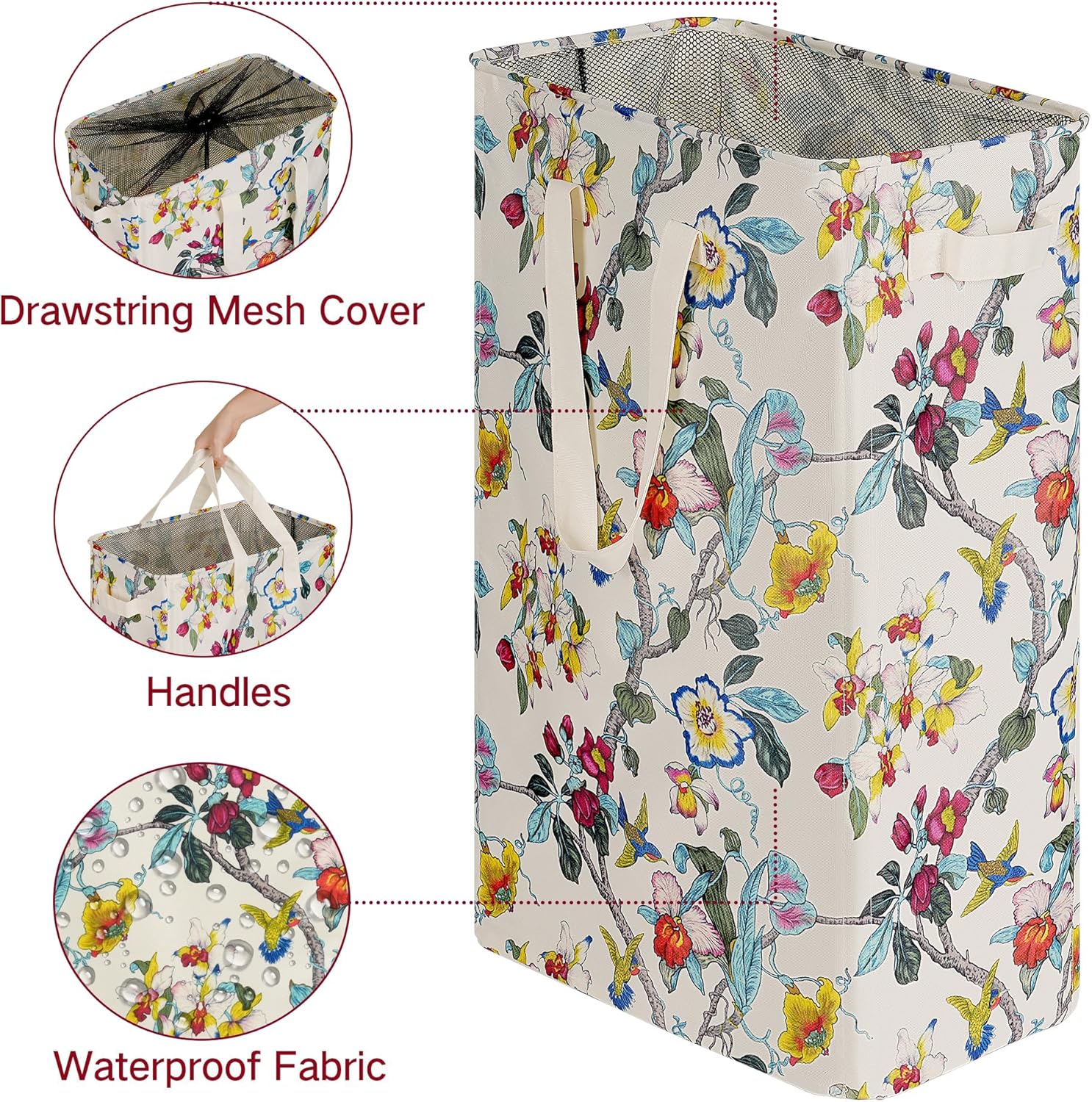 efluky Slim Laundry Basket, Narrow Laundry Hamper with Handles, Collapsible Dirty Clothes Hamper, Tall Laundry Bin for Laundry Room, Dorm and Bedroom, 19.8 Gallon (75L) Floral image 3