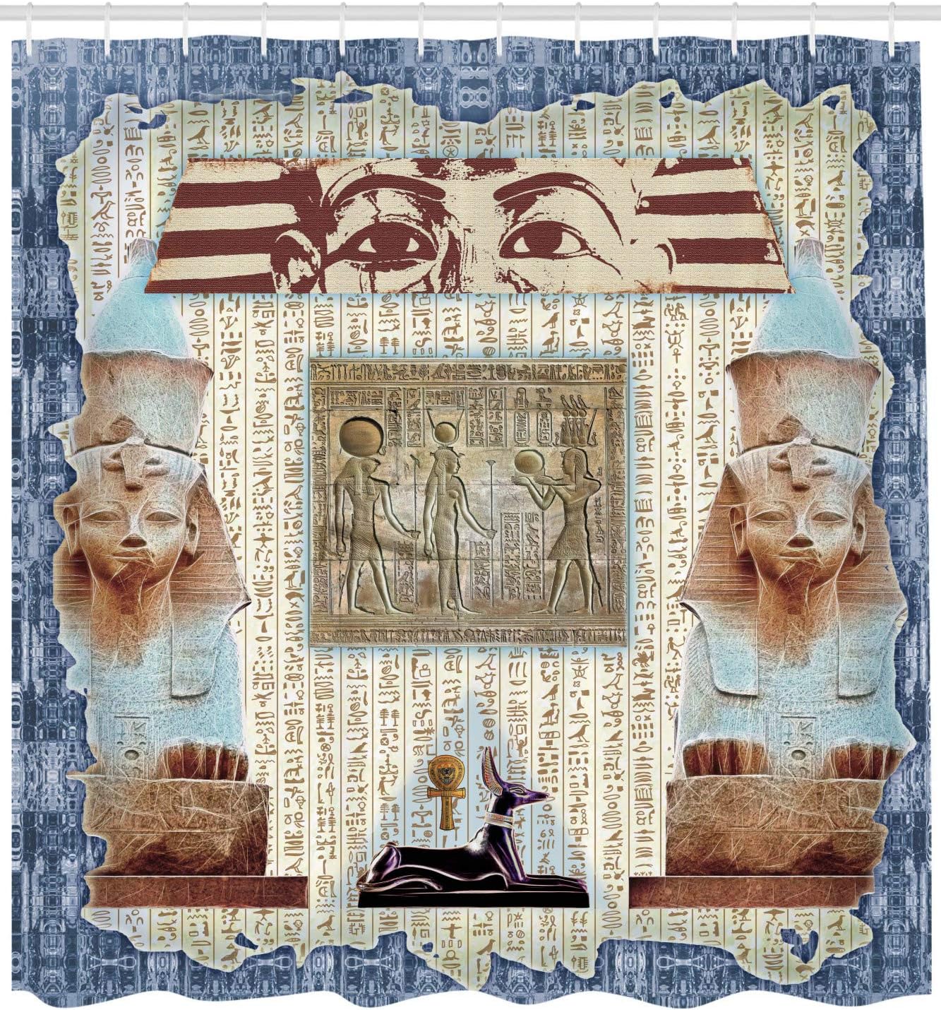 Ambesonne Egypt Shower Curtain, Traditional Hieroglyph Backdrop with Mummy Pyramids and Bastet Collage Art Print, Cloth Fabric Bathroom Decor Set with Hooks, 69" W x 70" L, Taupe Navy