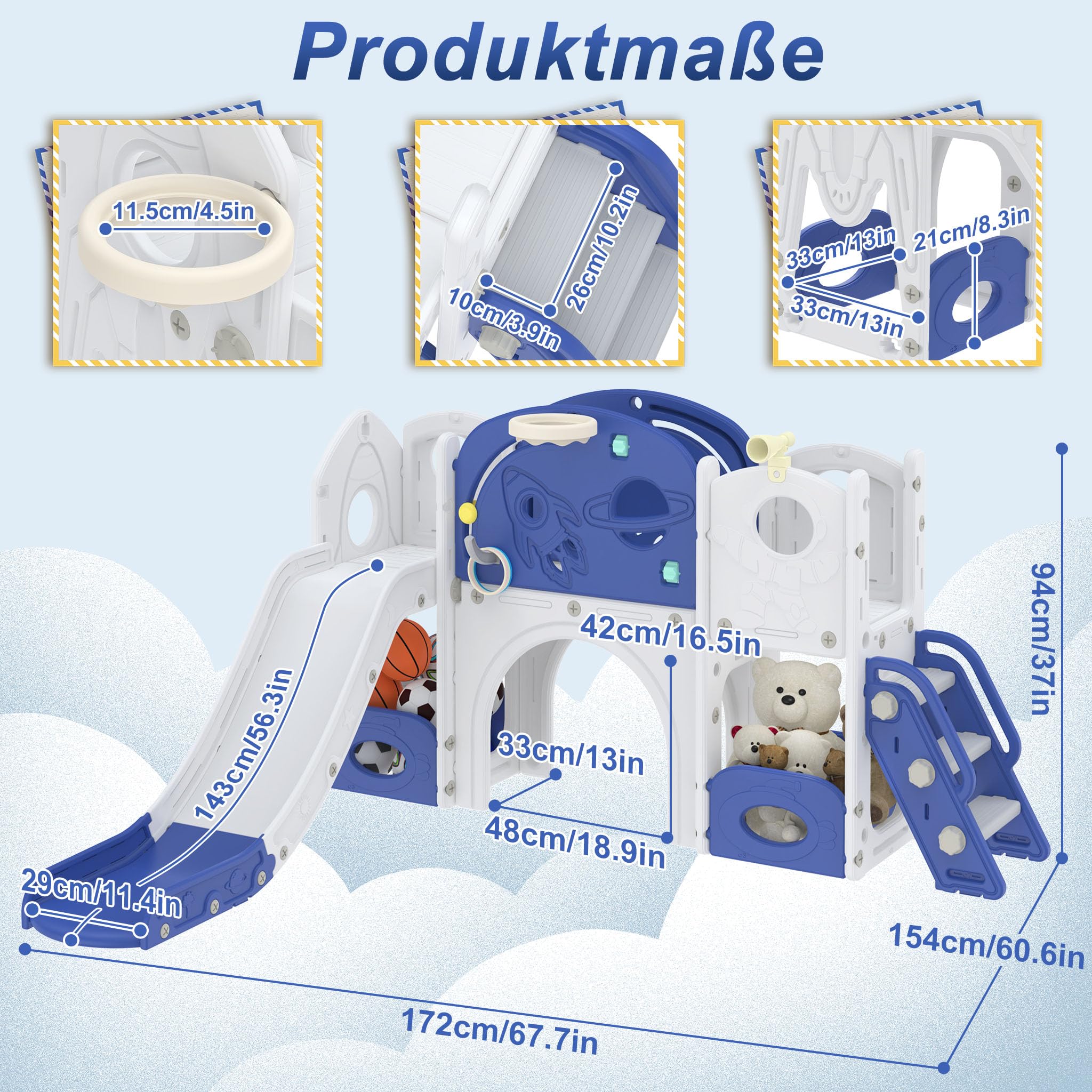 Aufun 5-in-1 Kinderrutsche für Kleinkinder, Multifunktionales Spielset mit Rutsche, Basketballkorb, Tunnel, Stauraum, Kletterleiter, Werkzeugfreie Montage, Stabil Freistehenderutsche Spielzeug