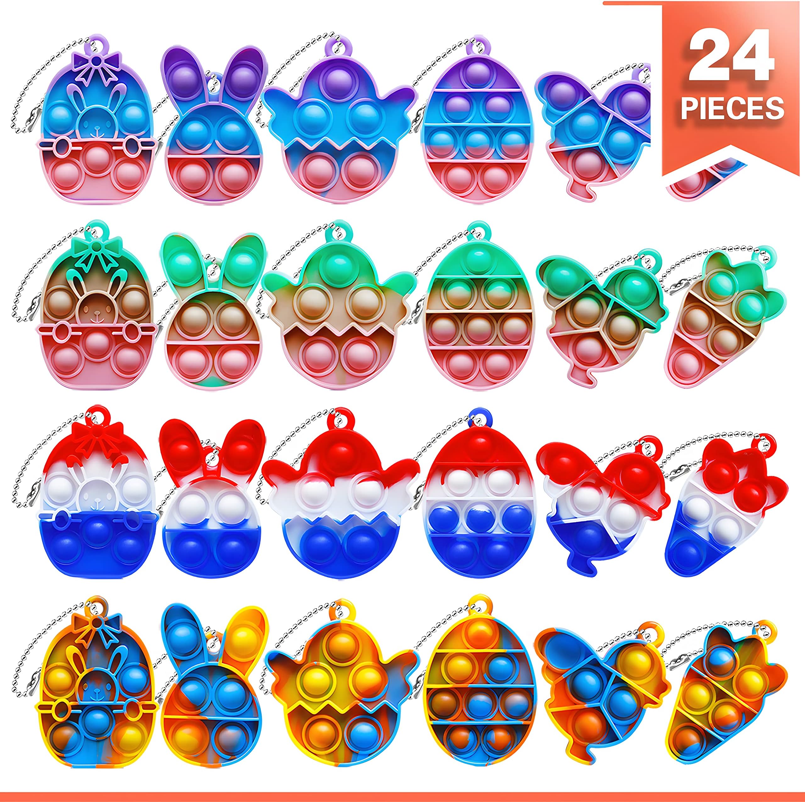 24Pcs Easter Basket Stuffers Pop Fidget Toys Push Pop its Bubble Fidget Sensory Toy Pop it Fingertip Keychain Decompression Bubble Easter Eggs, Easter Gifts for Kids.…
