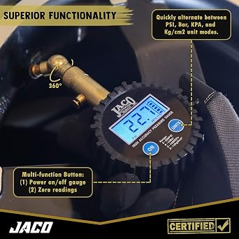 مقياس ضغط الإطارات الرقمية من JACO Elite - الدقة الاحترافية - 100 رطل لكل بوصة مربعة