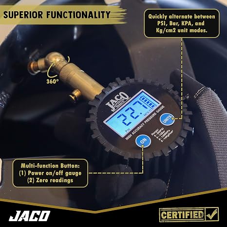 مقياس ضغط الإطارات الرقمية من JACO Elite - الدقة الاحترافية - 100 رطل لكل بوصة مربعة