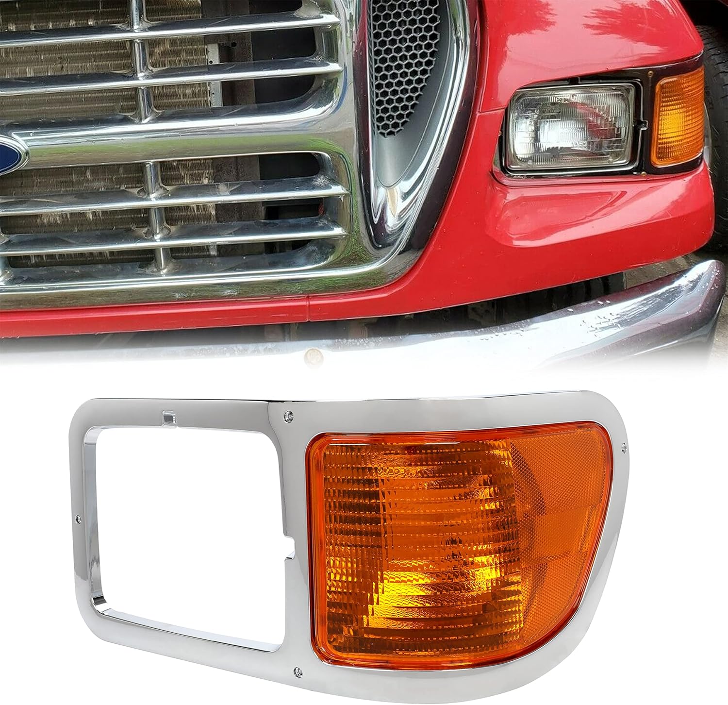 ECOTRIC Left Corner Signal Lights Compatible with 2000-2015 Ford F650 F750 w/Chrome Casing Headlight Bezel Trim Driver Side Replacement for FO2520196