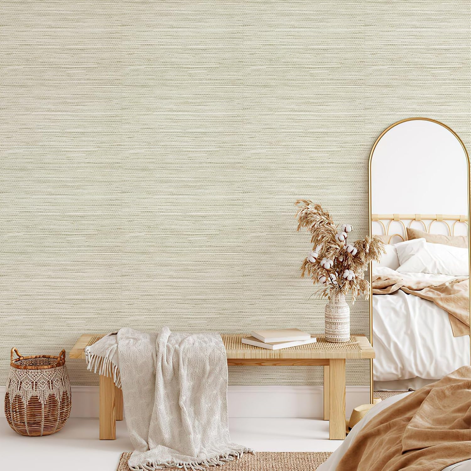 Grasscloth Wallpaper Peel and Stick,17.3"x472" Cream Grassweave Stick on Wallpaper Textured Self Adhesive Wallpaper Contact Paper