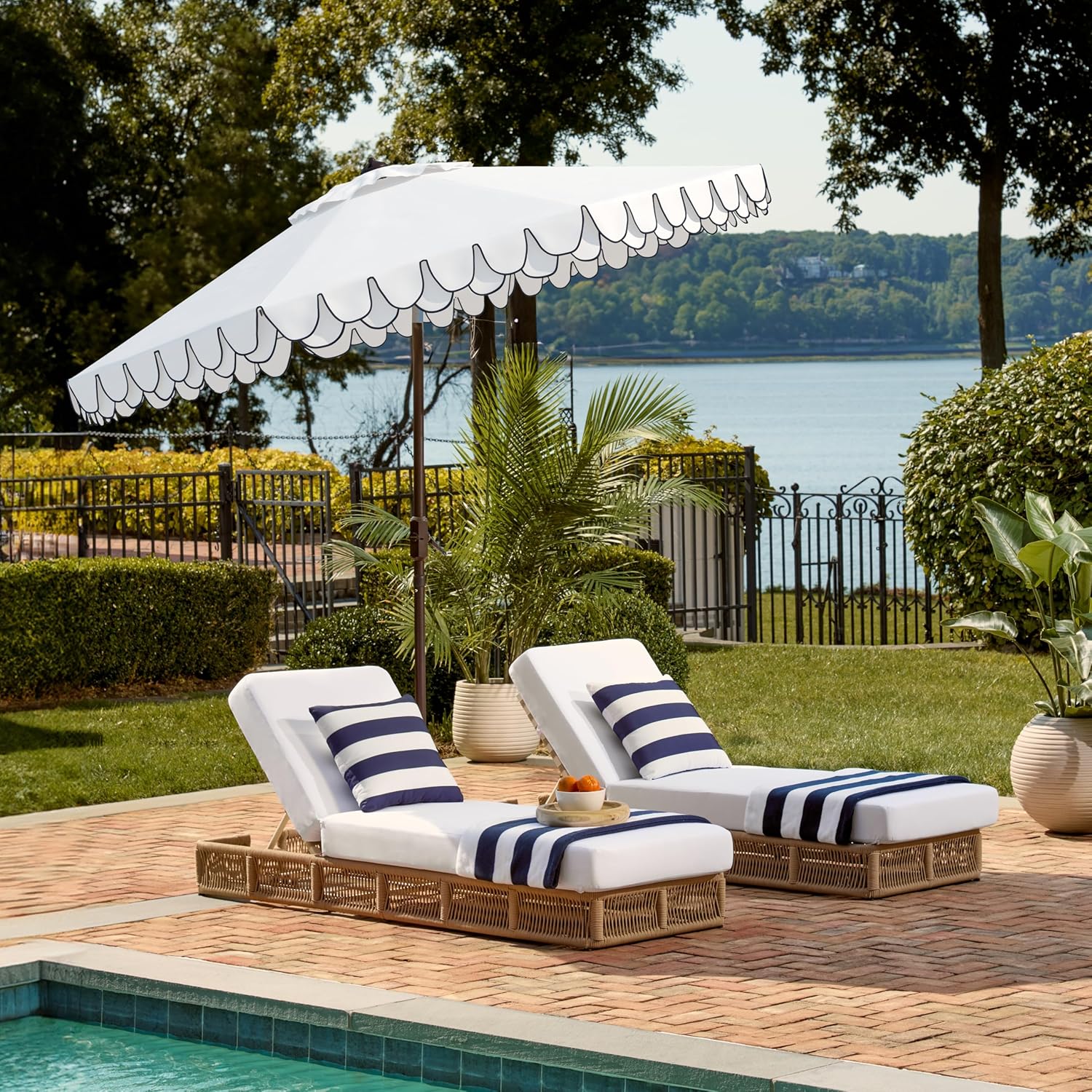 SAFAVIEH 9ft Outdoor Patio Umbrella, Round, Valance, Ivory & Navy Trim, Auto Crank Tilt, UV Resistant for Deck, Backyard, Poolside (PAT8006F) - Image 7