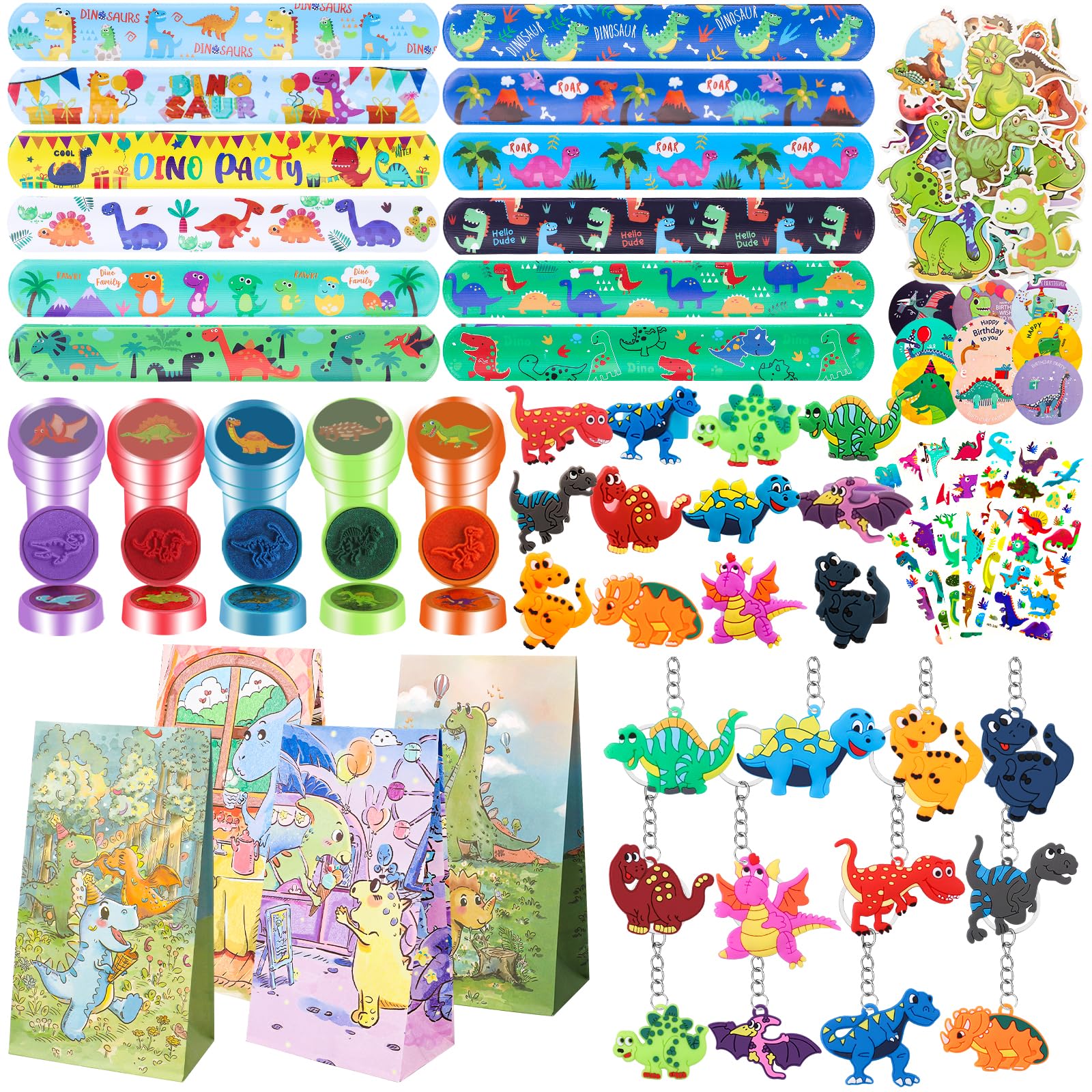 – REMEL 132Pcs Dinosaur Party Favors for girls Dinosaru themed Birthday Party Supplies for Kids with Gift bags, Bracelets, Dinosaur Keychains and Stamps For Kids Prize Favors